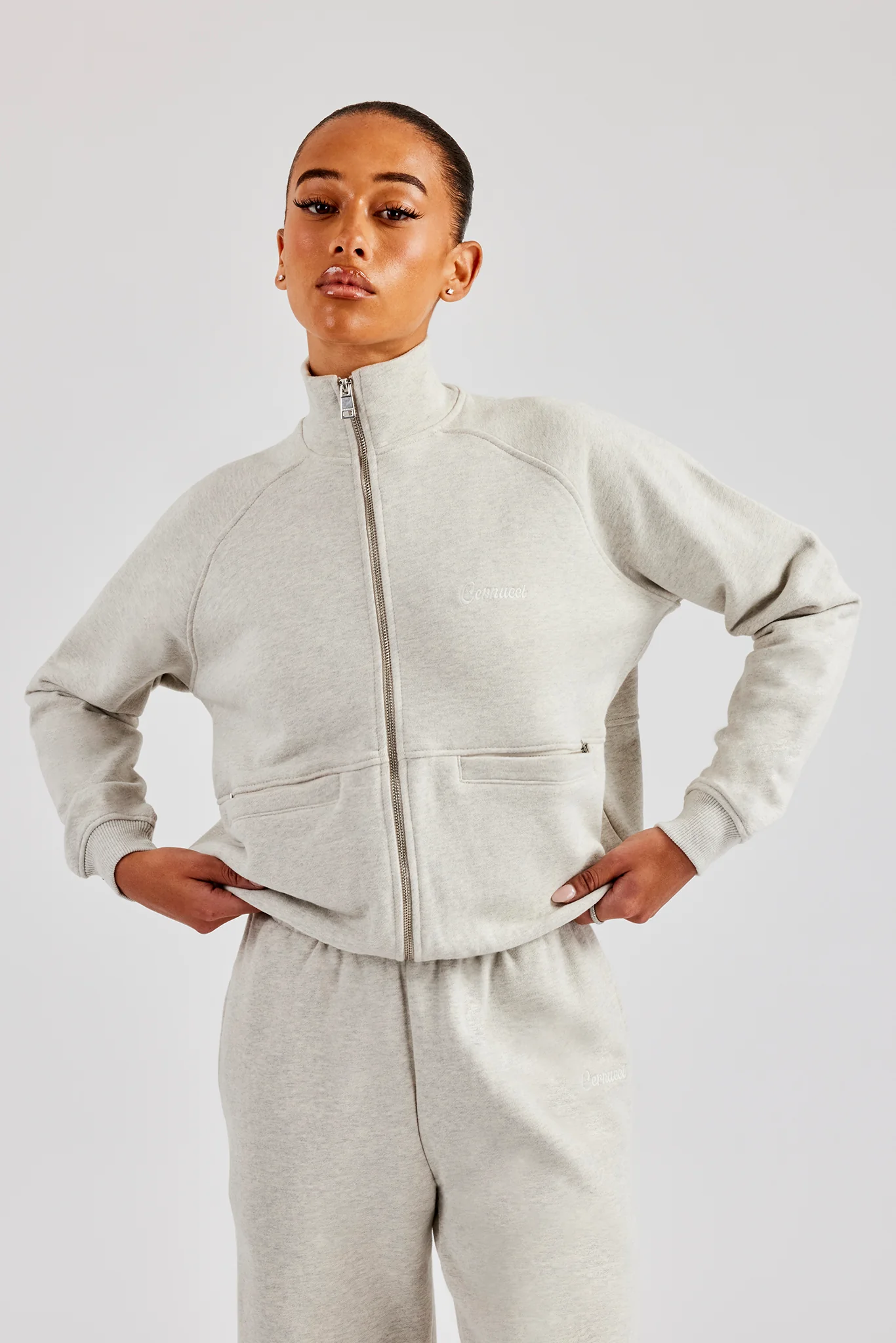 Funnel Neck Zip Through Sweat - Ash Grey - Image 2