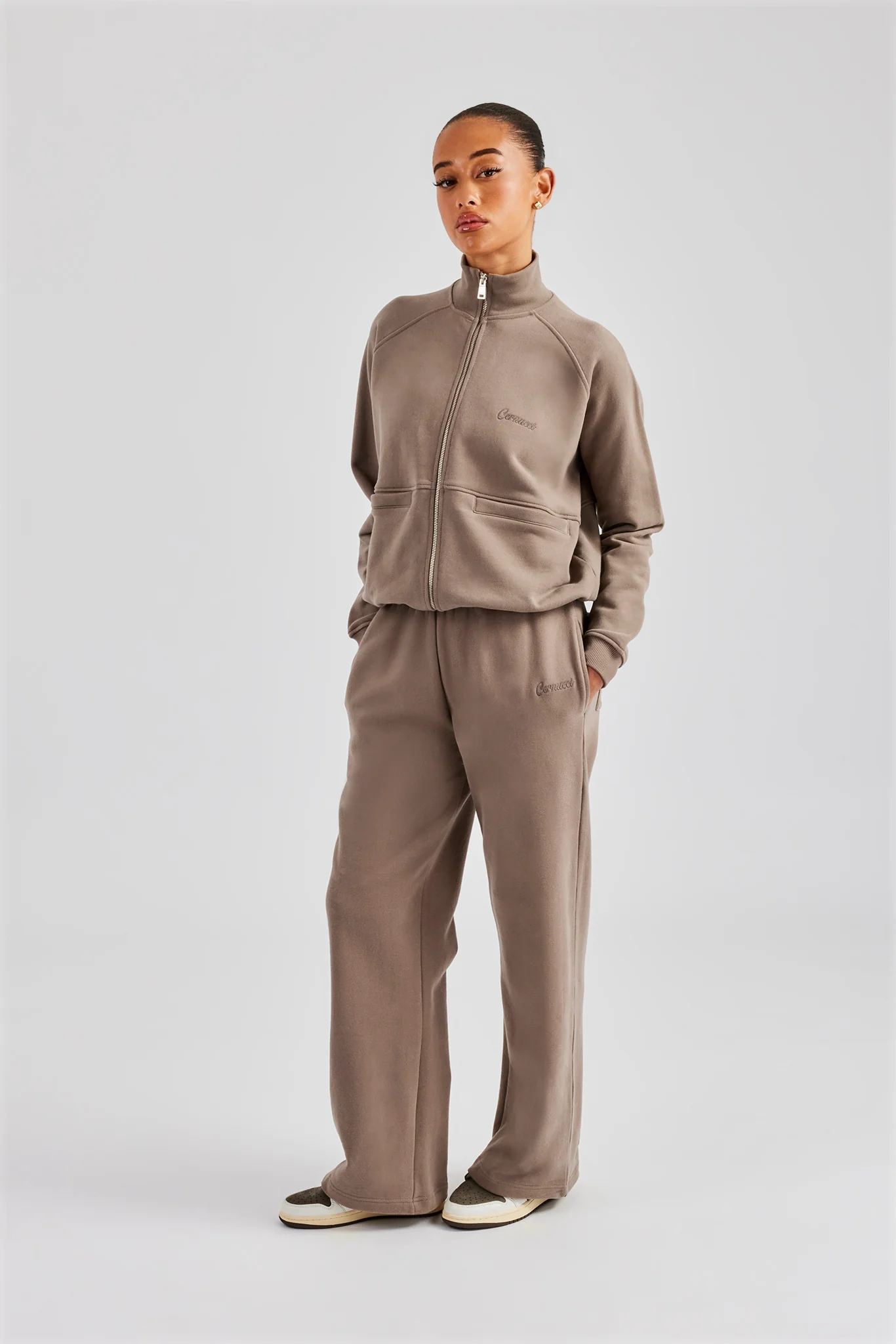 Funnel Neck Zip Through Sweat - Taupe - Image 3