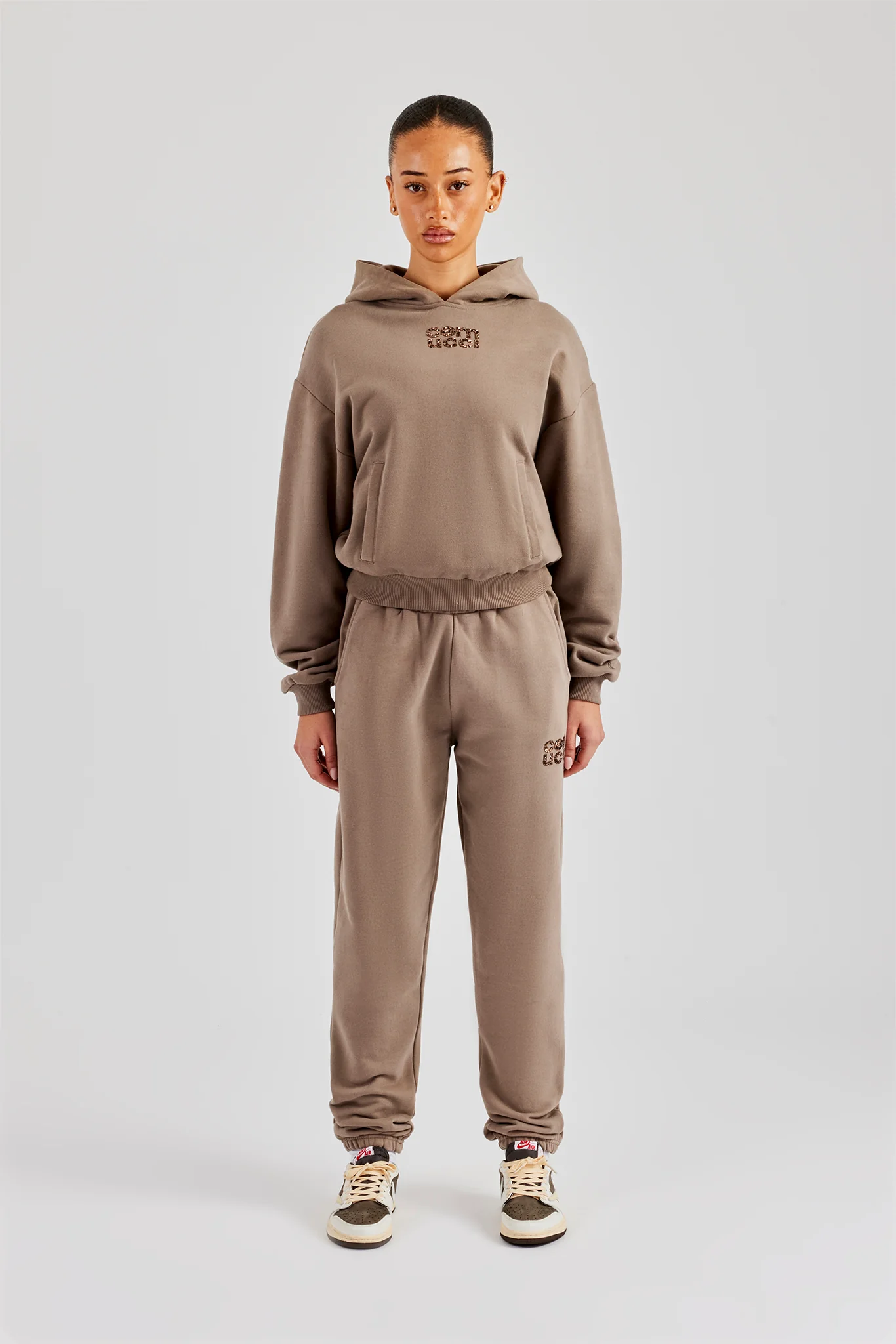 Glitter Applique Boxy Hoodie & Cuffed Jogger - Taupe - Image 4