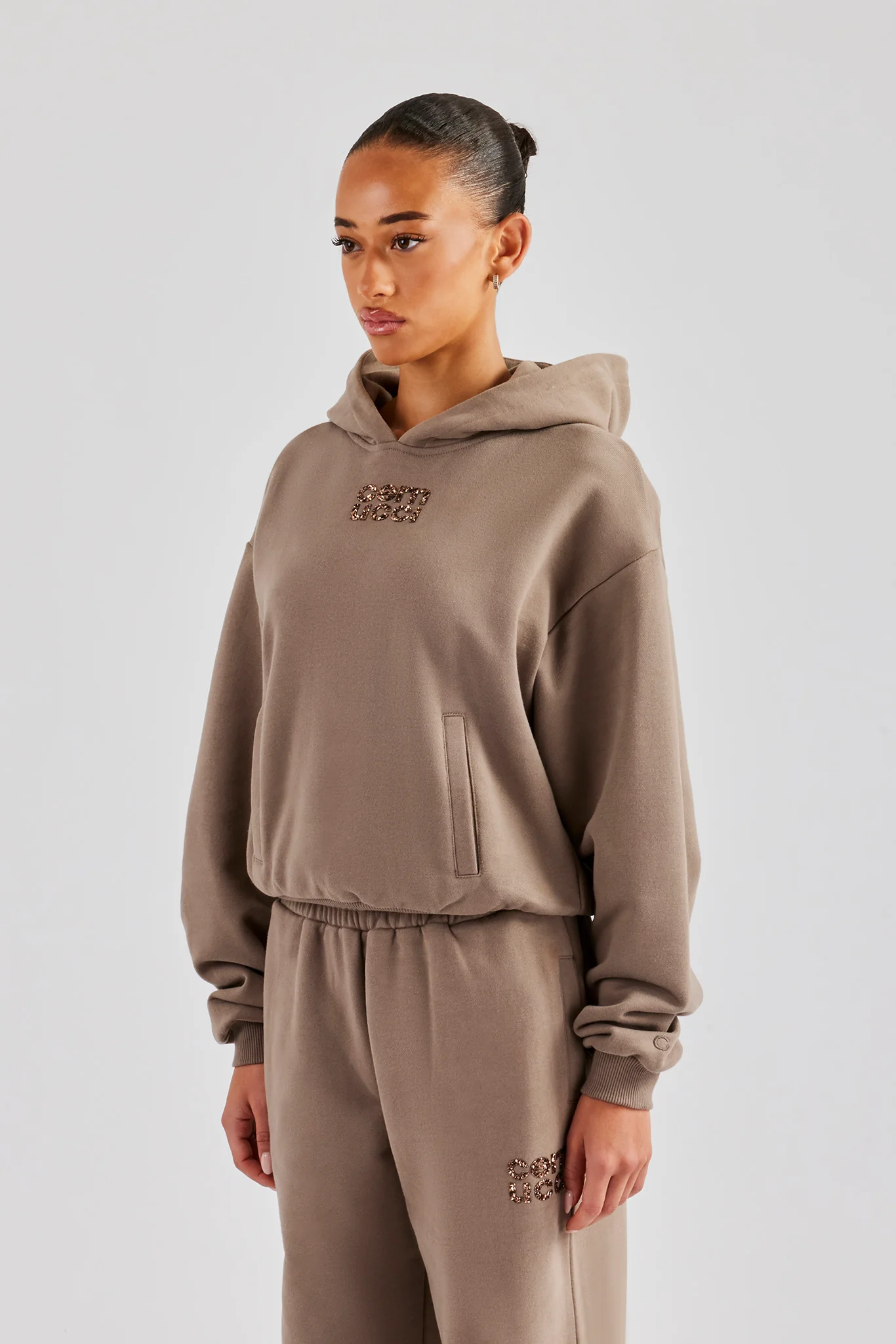 Glitter Applique Boxy Hoodie - Taupe - Image 2