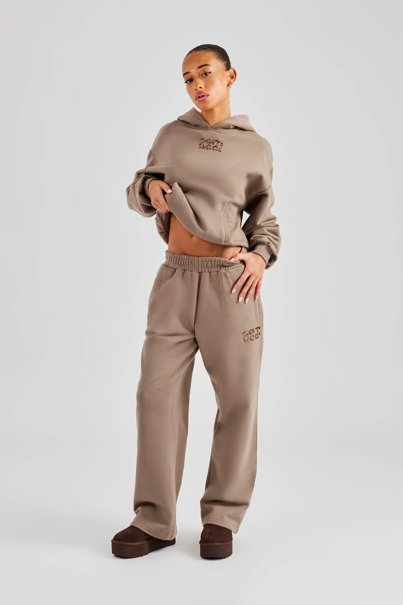 Glitter Applique Boxy Hoodie - Taupe - Image 4
