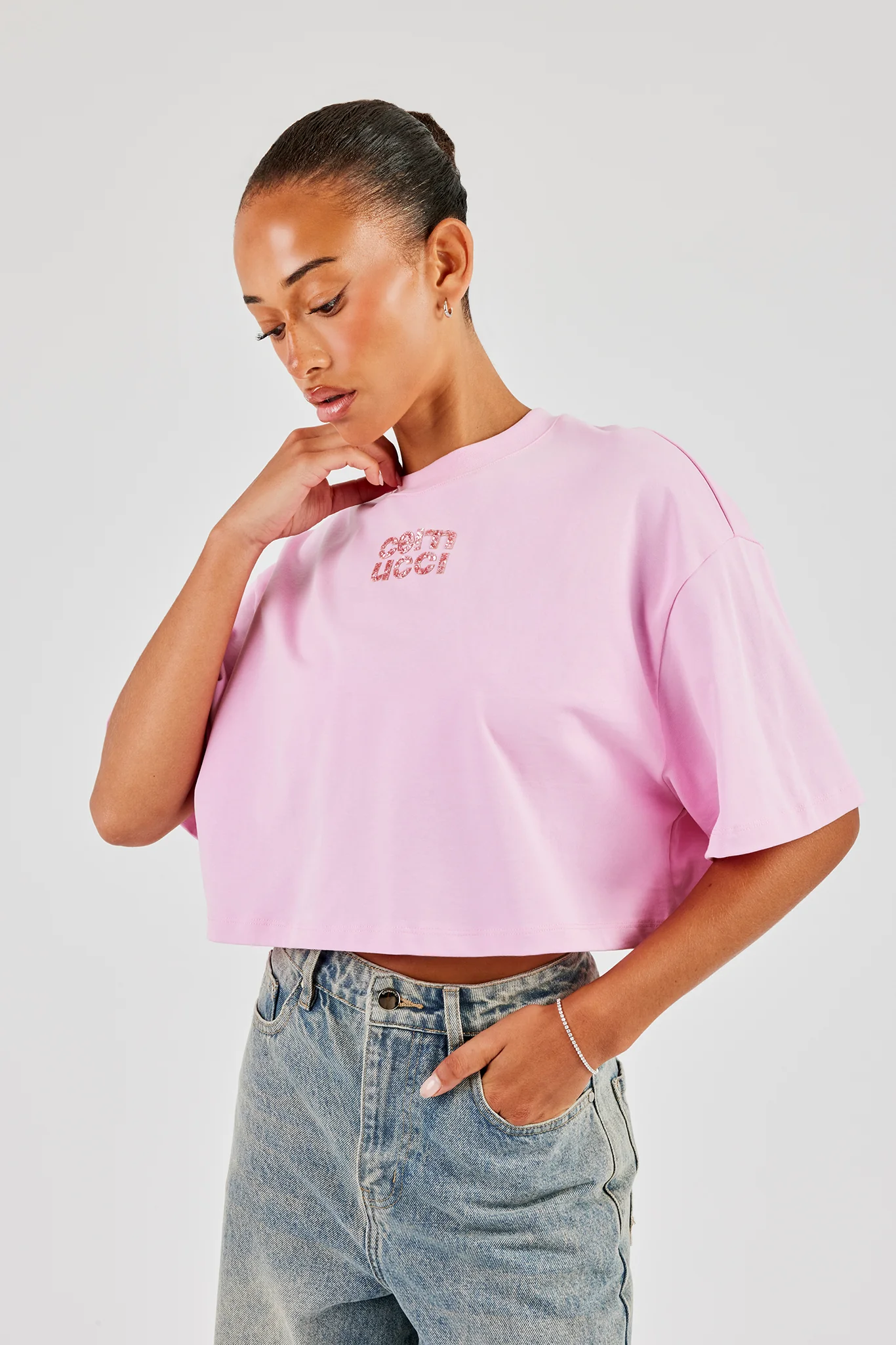 Glitter Applique Cropped T-Shirt - Pink - Image 5