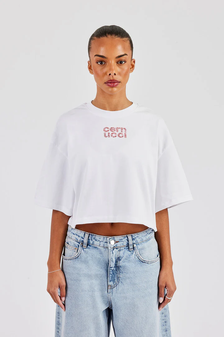 Glitter Applique Cropped T-Shirt - White - Image 4