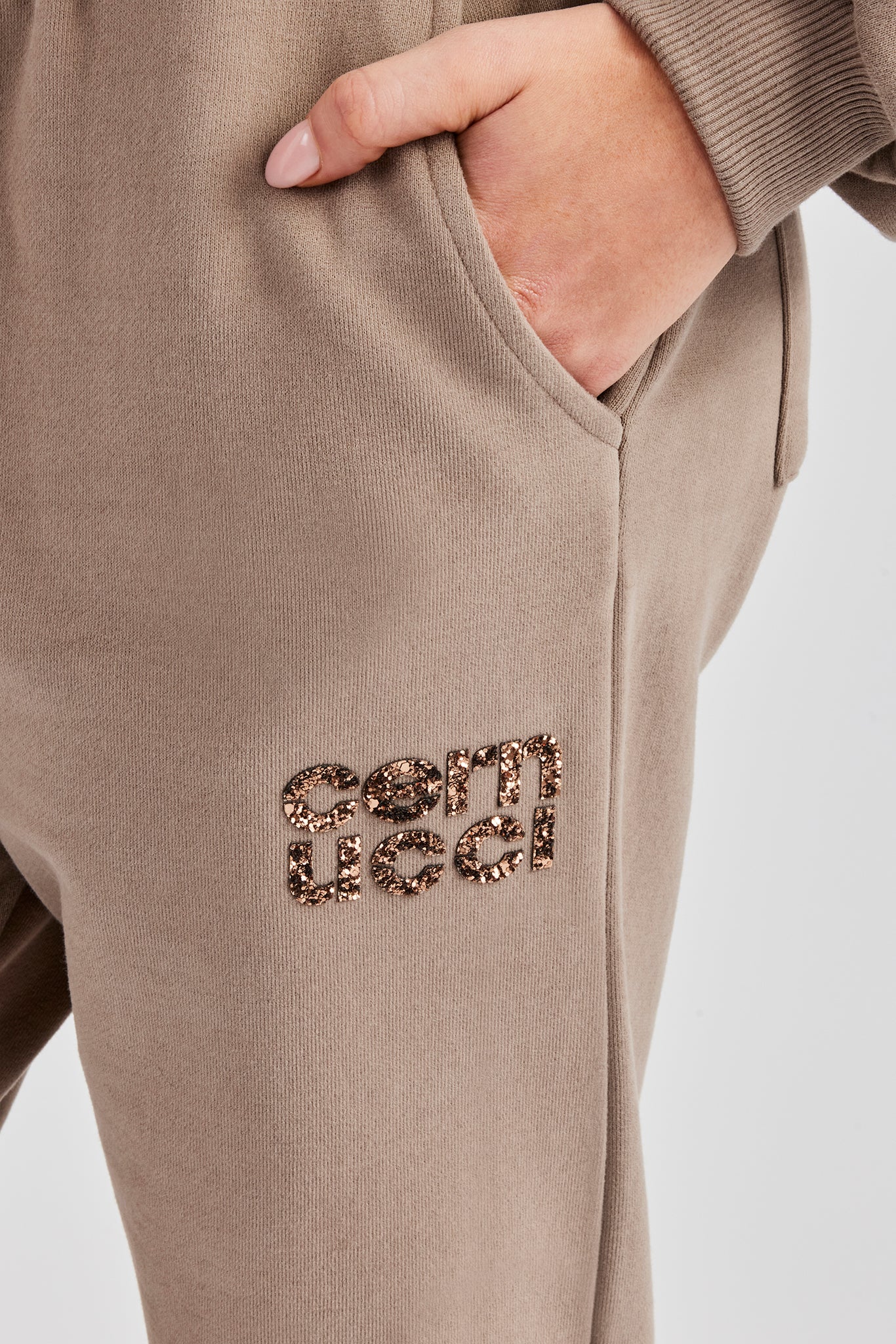 Glitter Applique Cuffed Jogger - Taupe - Image 3