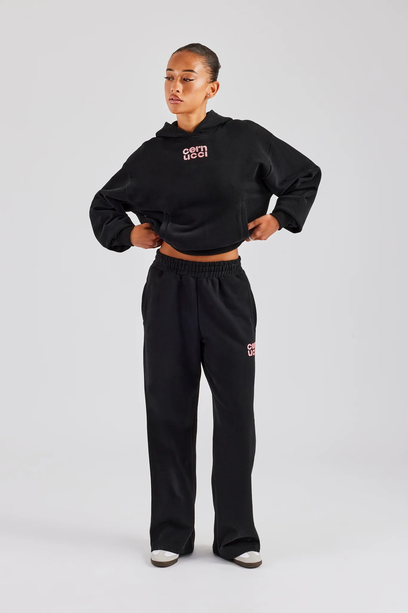 Glitter Applique Oversized Hoodie Tracksuit - Black