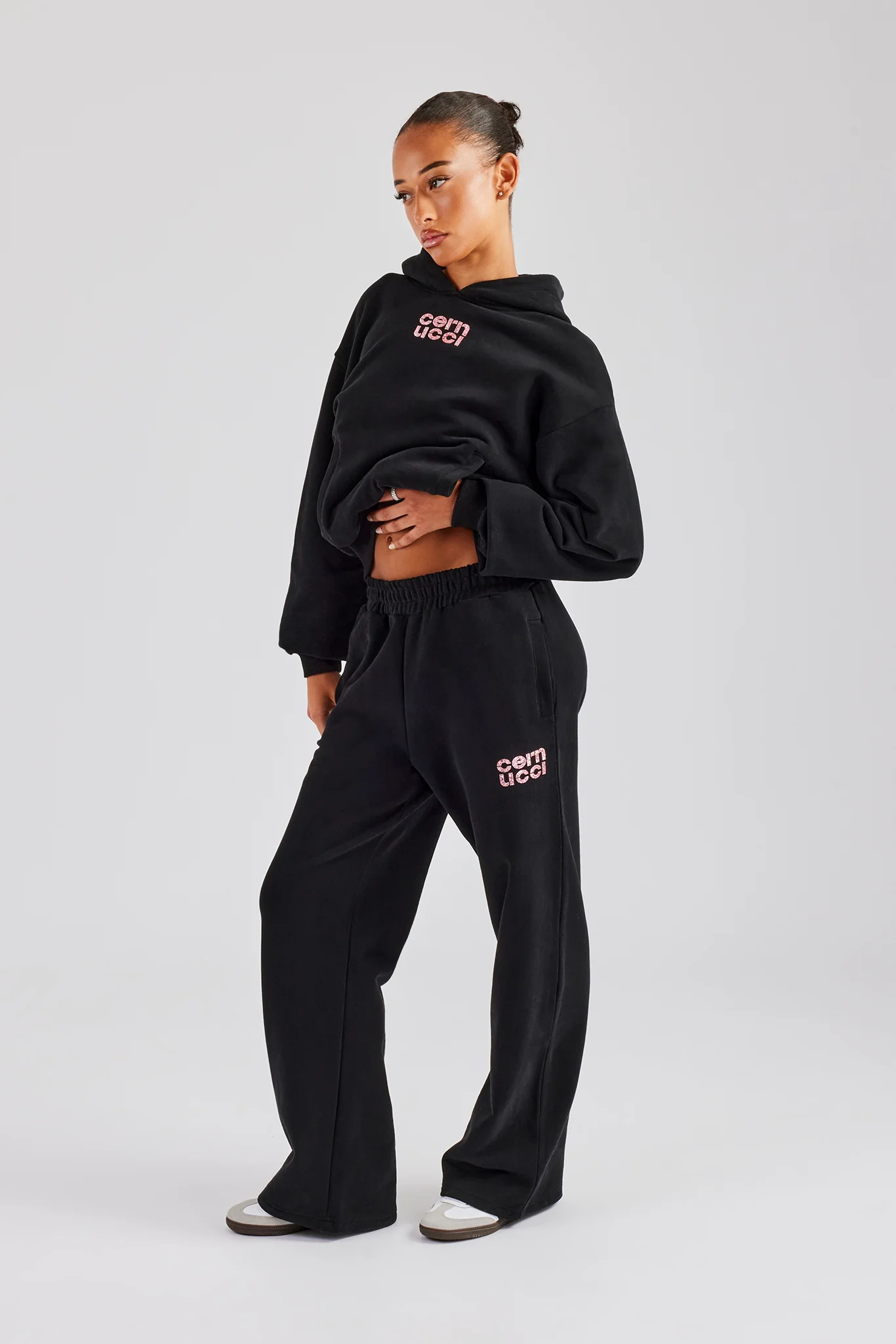 Glitter Applique Oversized Hoodie Tracksuit - Black - Image 2