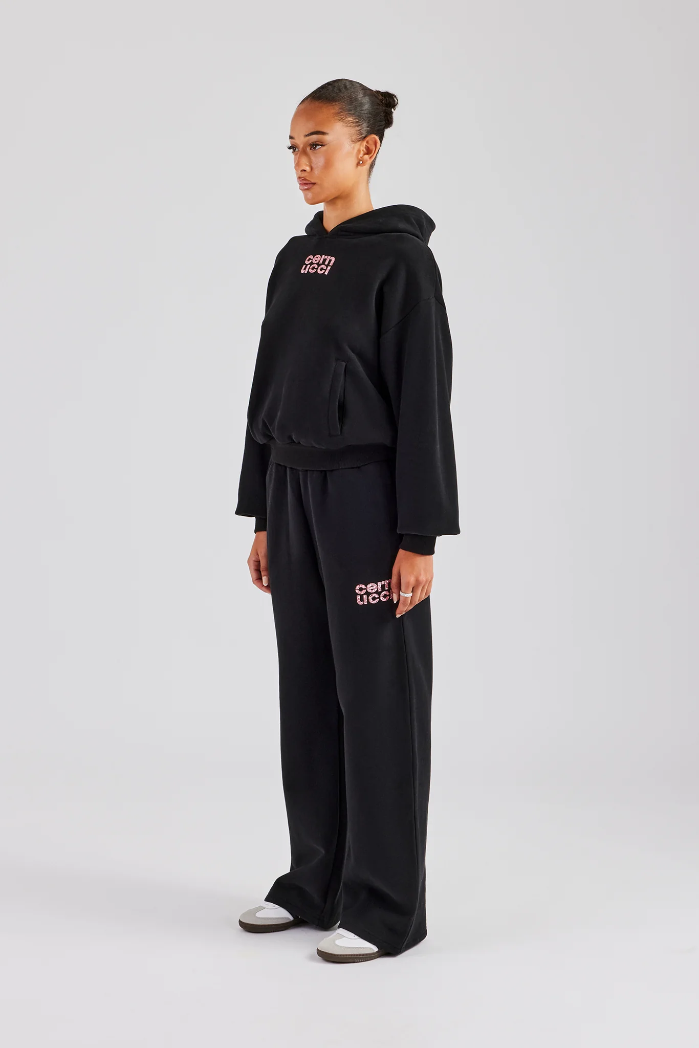 Glitter Applique Oversized Hoodie Tracksuit - Black - Image 3