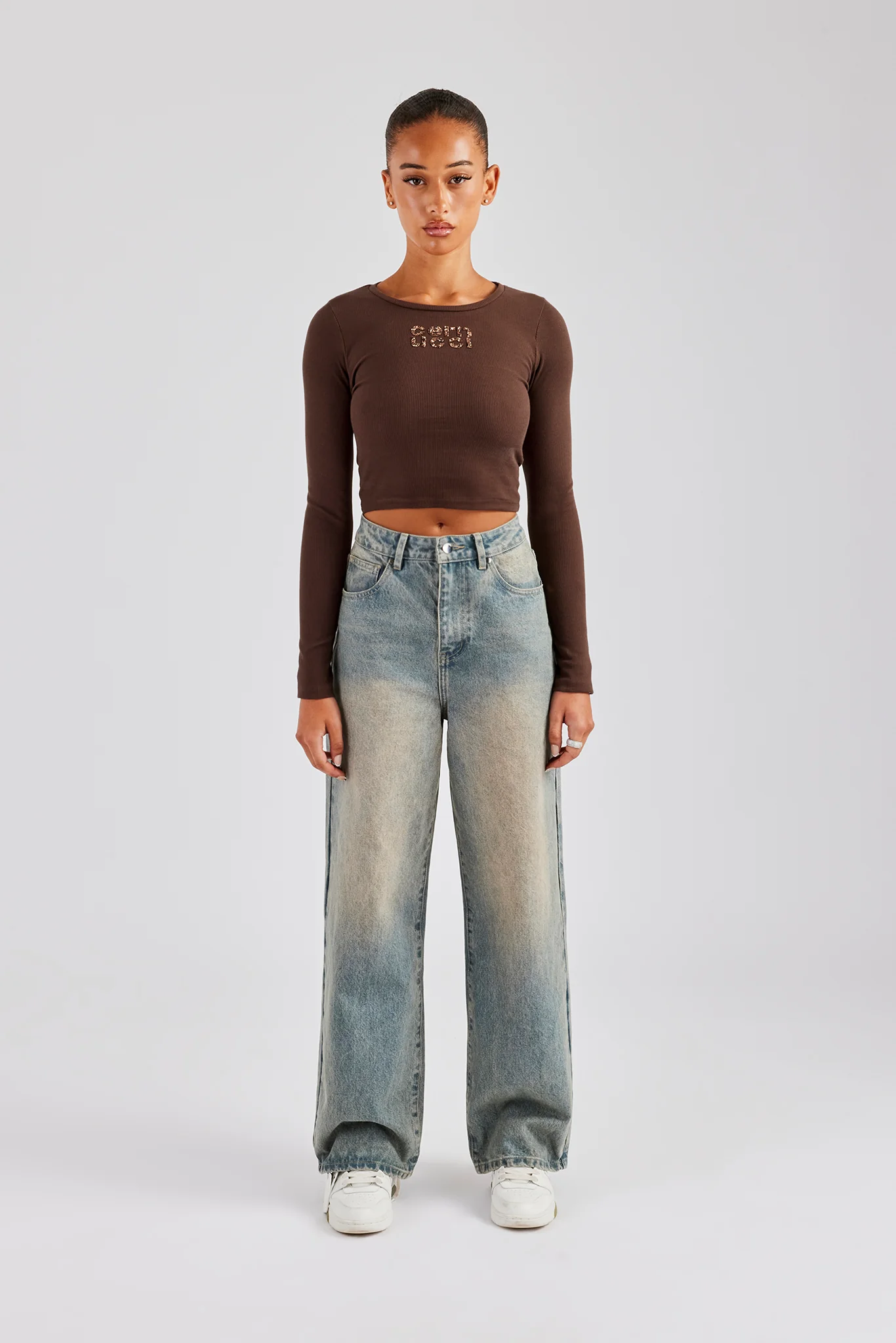 Glitter Applique Rib Long Sleeve Top - Chocolate - Image 3