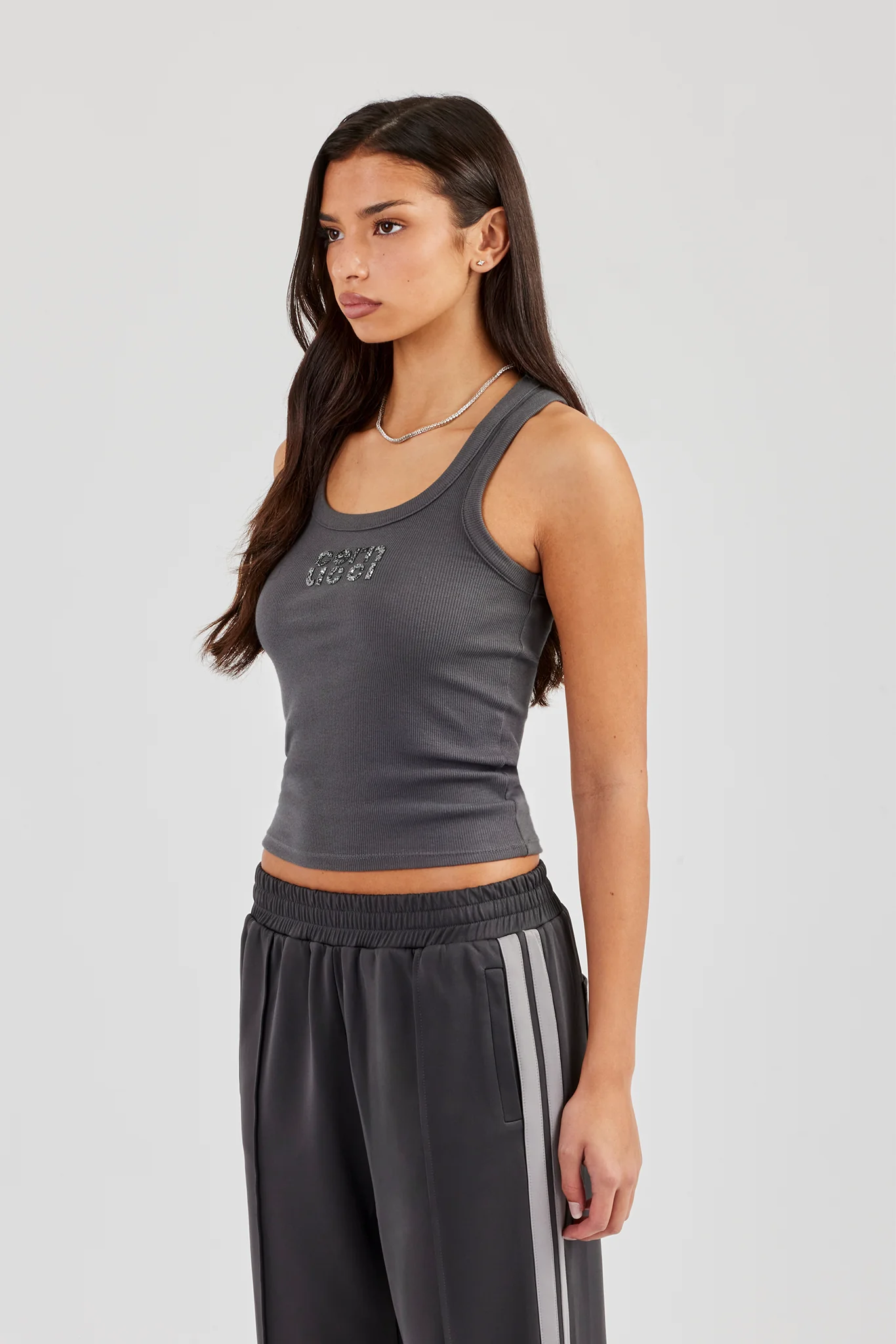 Glitter Applique Rib Scoop Neck Vest - Charcoal - Image 2