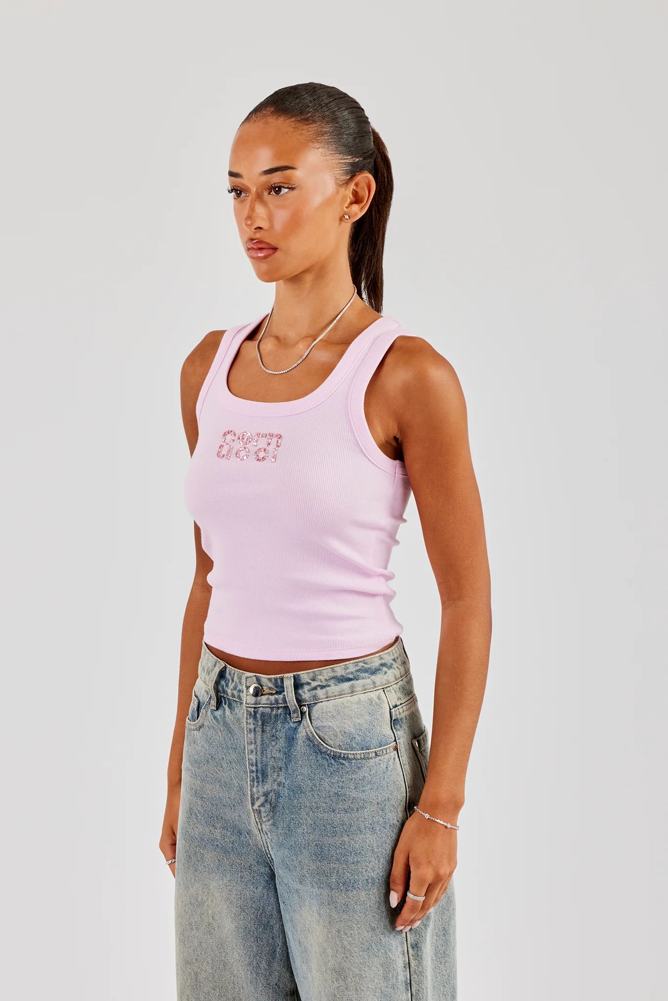 Glitter Applique Rib Scoop Neck Vest - Pink - Image 2