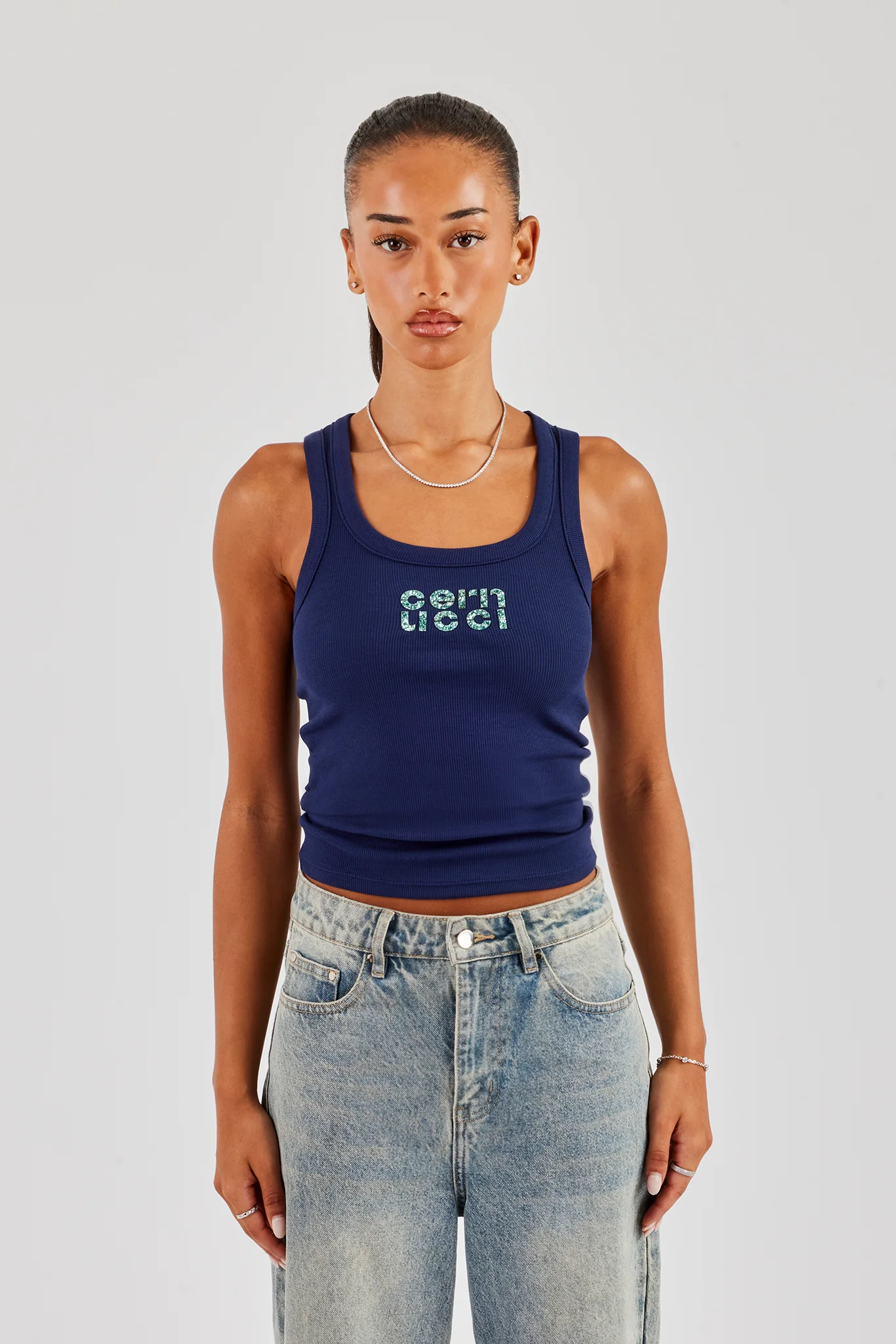 Glitter Applique Scoop Neck Rib Vest - Navy Blue - Image 2