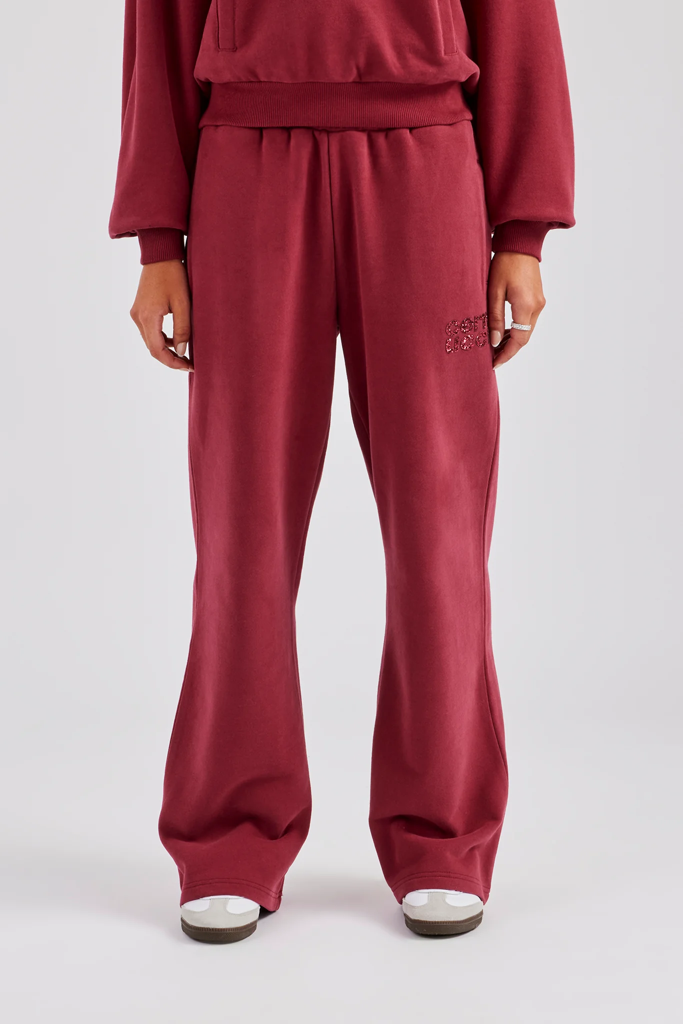 Glitter Applique Wide Leg Jogger - Cherry Red - Image 4