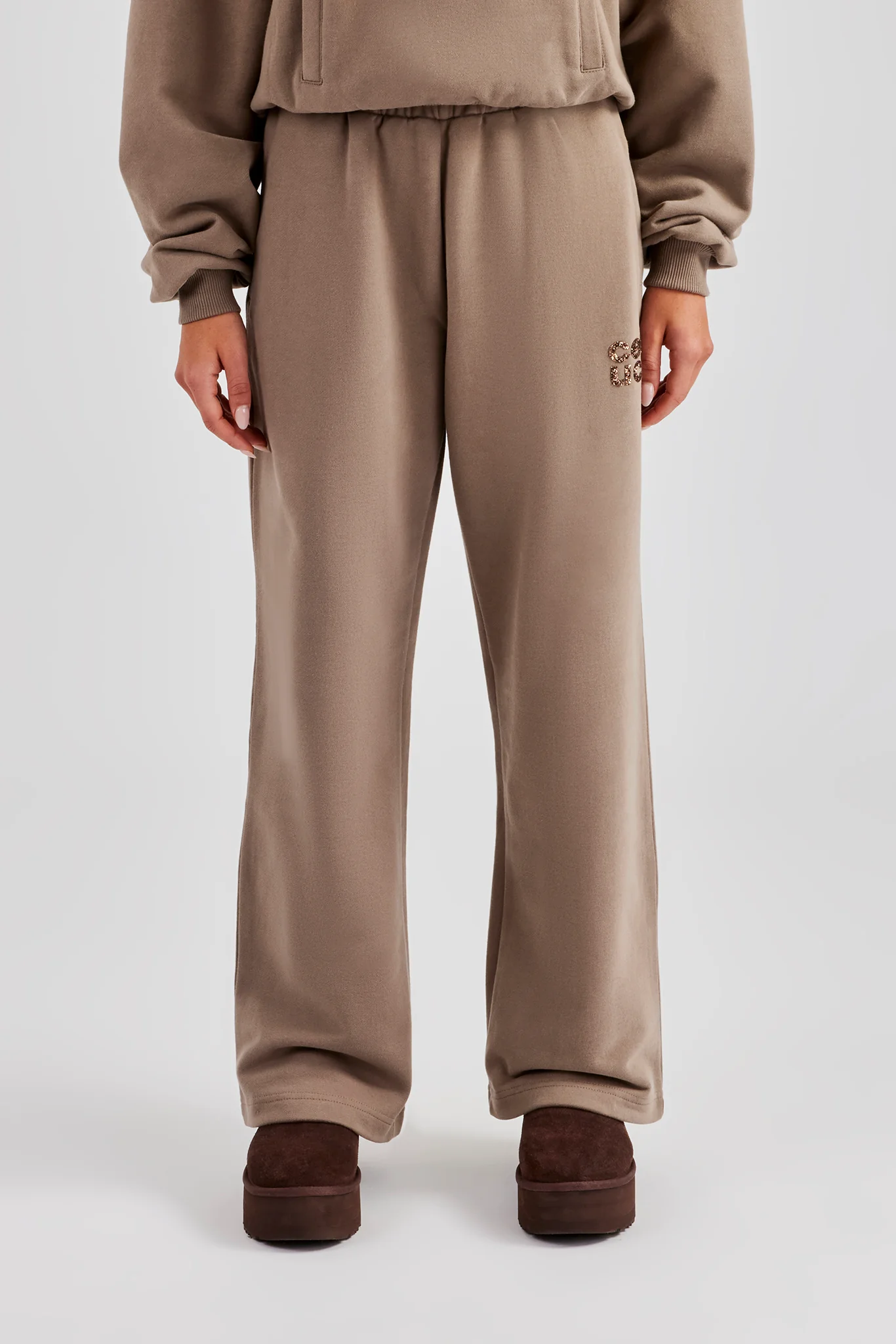Glitter Applique Wide Leg Jogger - Taupe - Image 2