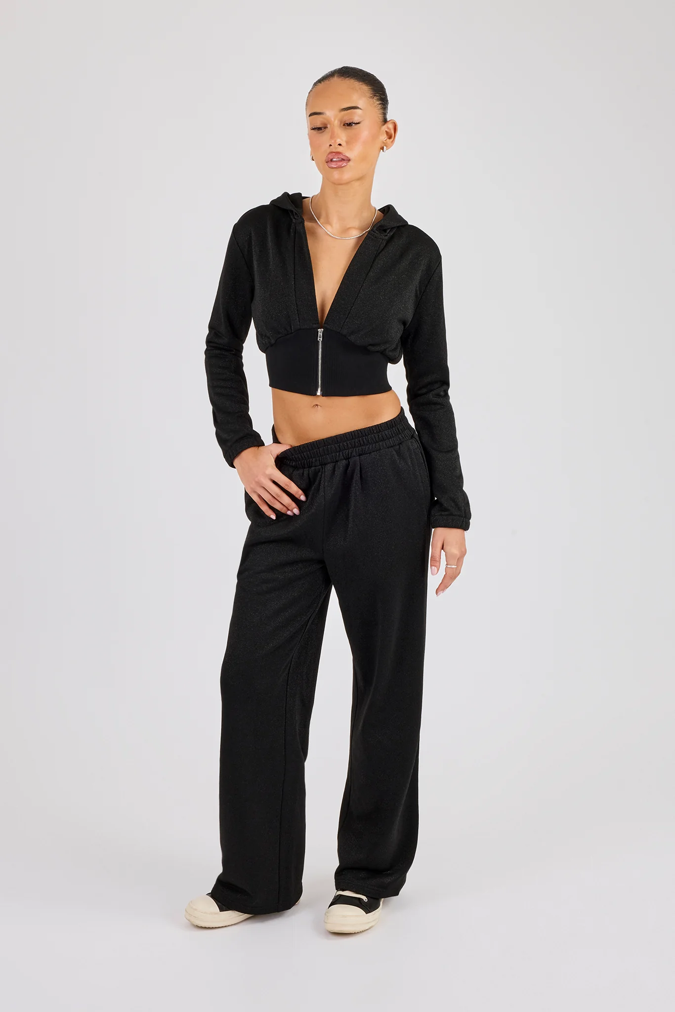 Glitter Fitted Cropped Hoodie & Wide Leg Jogger - Black
