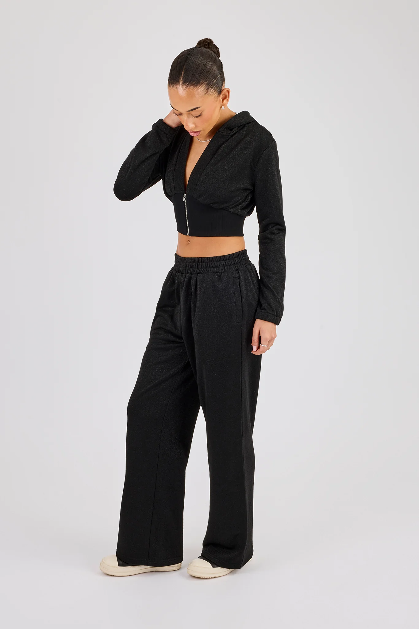 Glitter Fitted Cropped Hoodie & Wide Leg Jogger - Black - Image 2