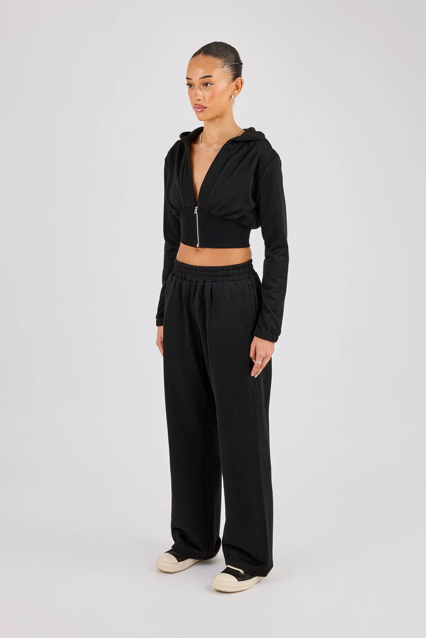 Glitter Fitted Cropped Hoodie & Wide Leg Jogger - Black - Image 4