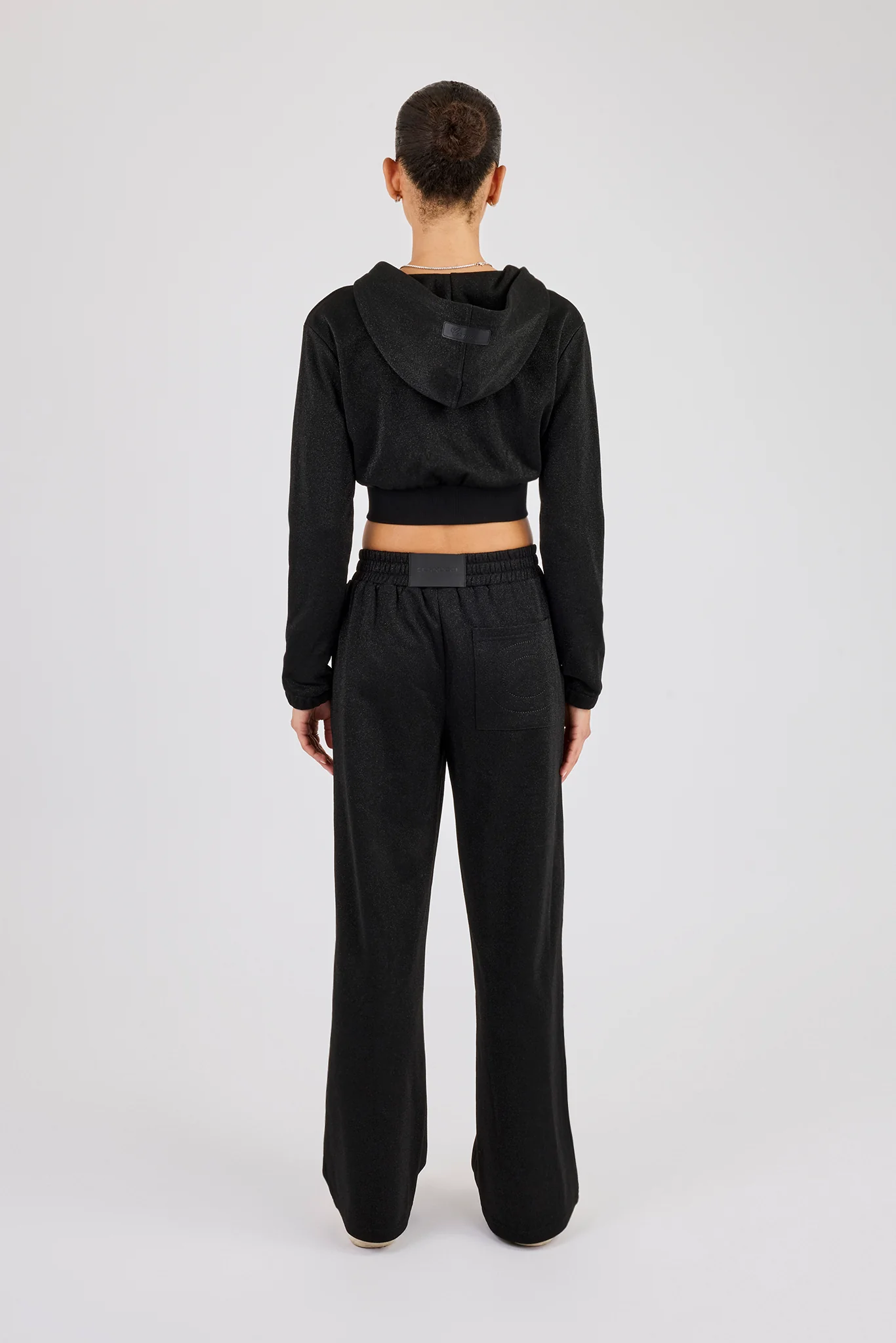 Glitter Fitted Cropped Hoodie & Wide Leg Jogger - Black - Image 5