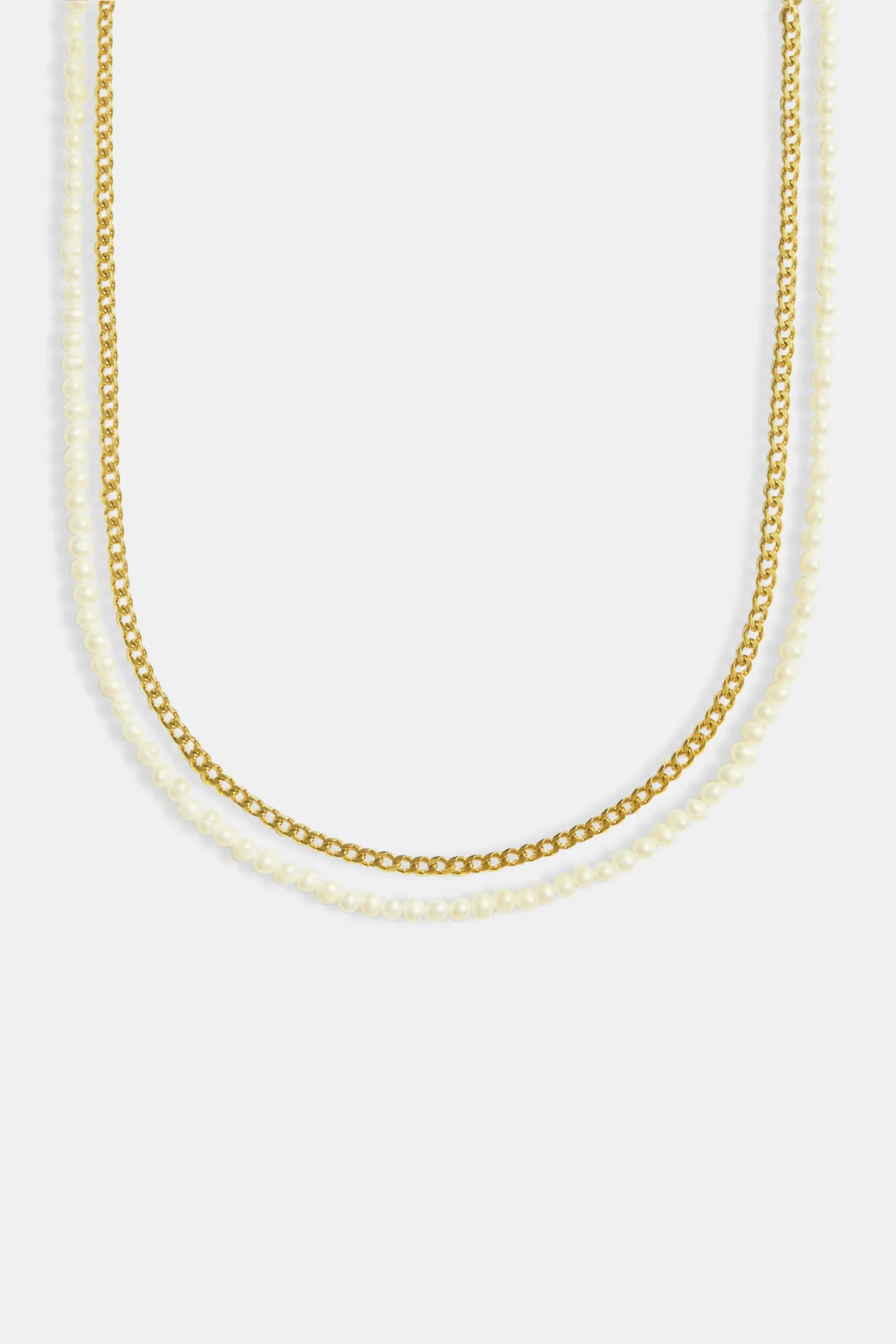 Gold Plated Double Layer Freshwater Pearl & Chain Necklace - Image 2
