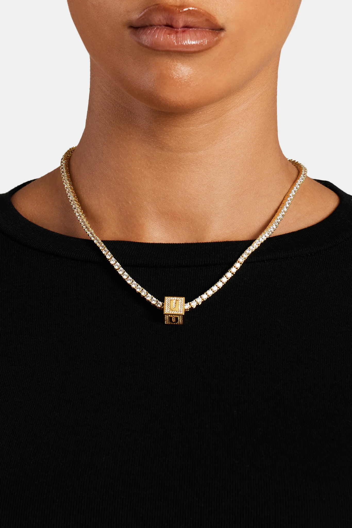 Gold Plated Iced U Letter Block Pendant - Image 3