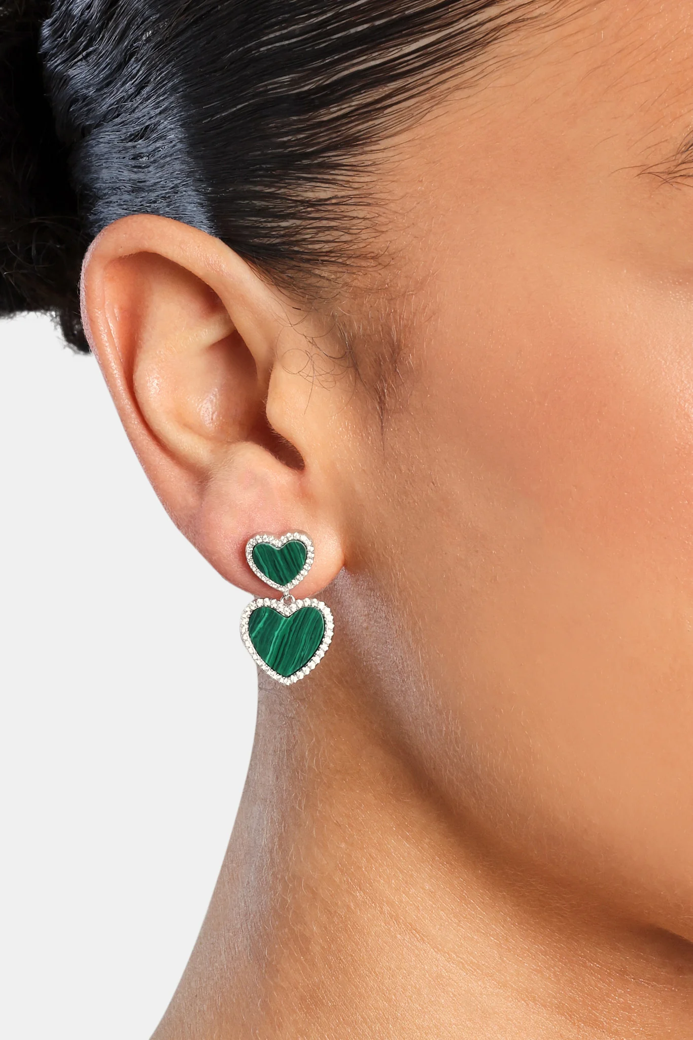 Green Malachite Heart Earrings - White - Image 2