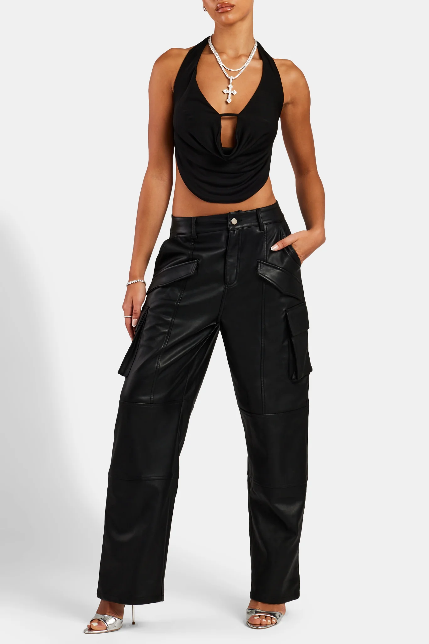 Halterneck Backless Crop Top - Black - Image 2