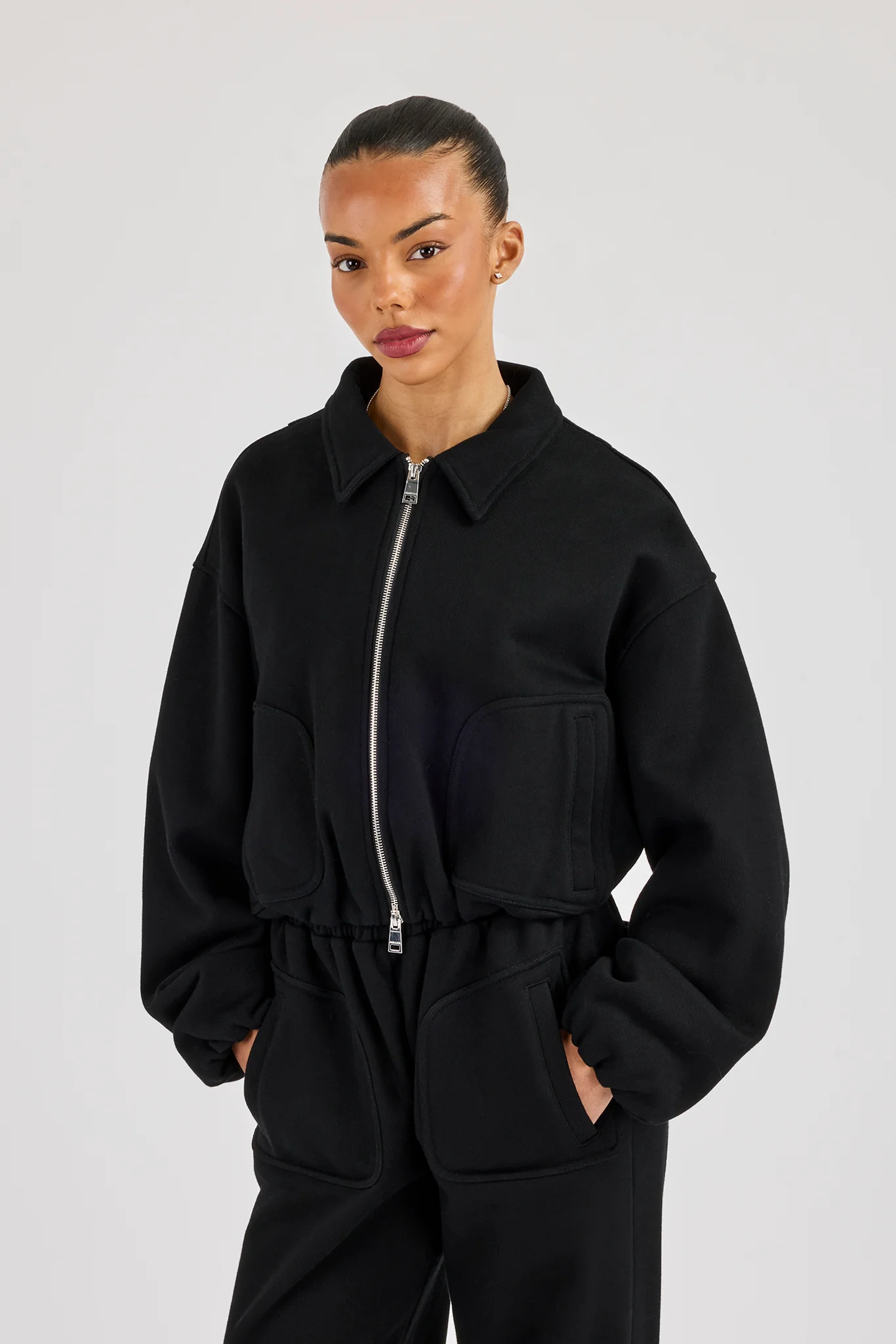 Heavyweight Jersey Collared Bomber Jacket - Black - Image 2
