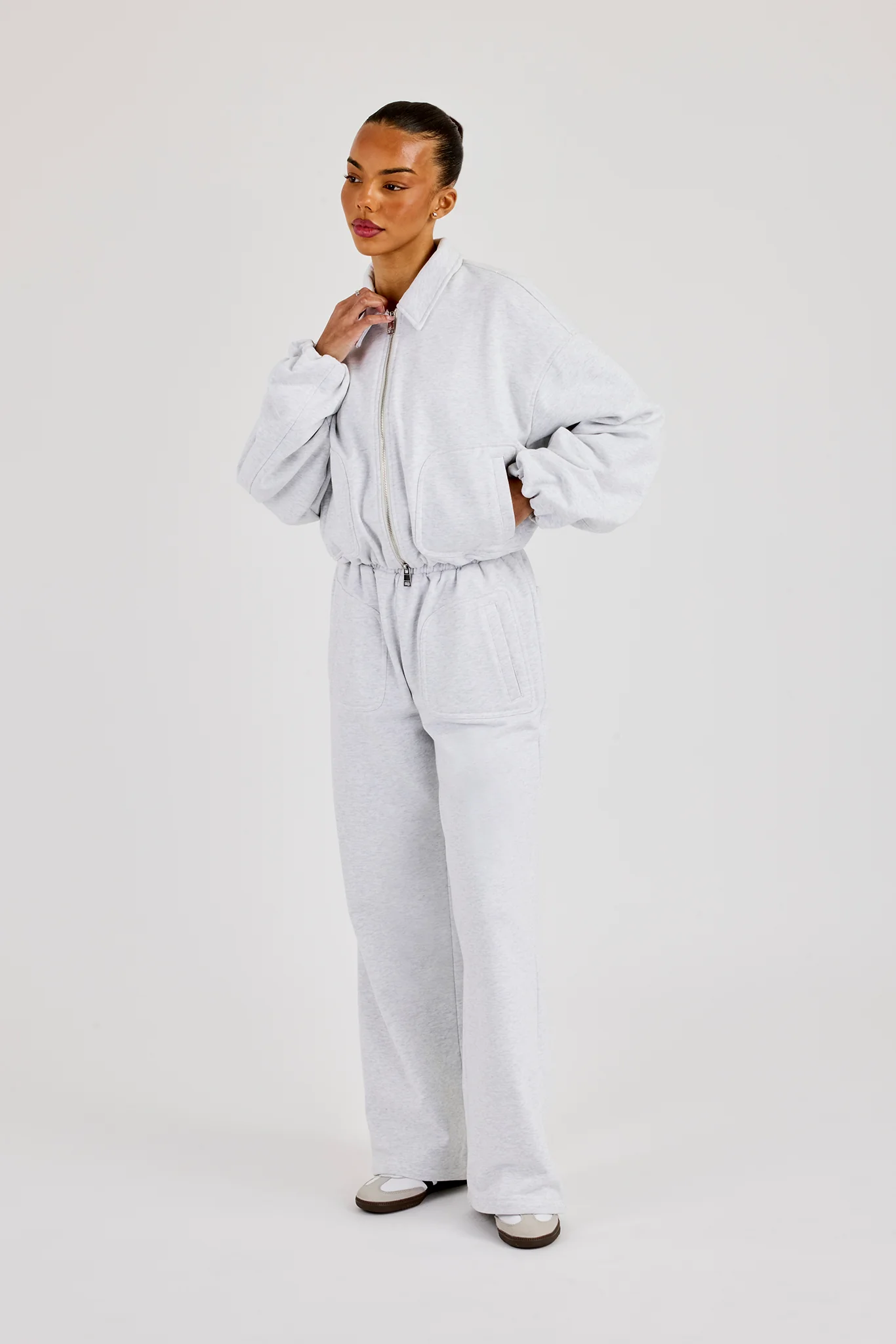 Heavyweight Jersey Collared Bomber Jacket & Wide Leg Jogger - Grey Marl - Image 4