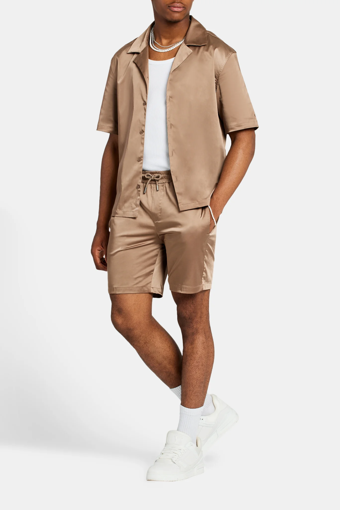 Heavyweight Boxy Fit Satin Shirt - Coffee - Image 3