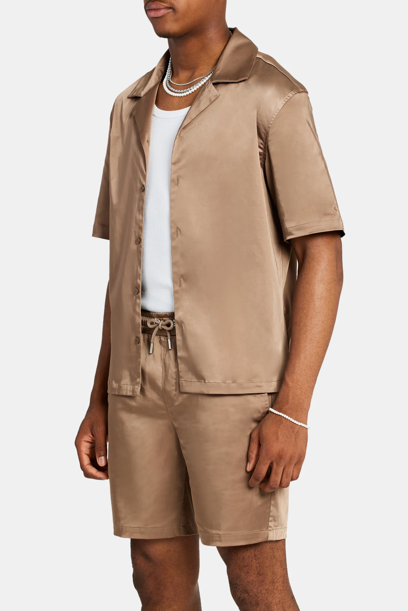 Heavyweight Boxy Fit Satin Shirt - Coffee - Image 4