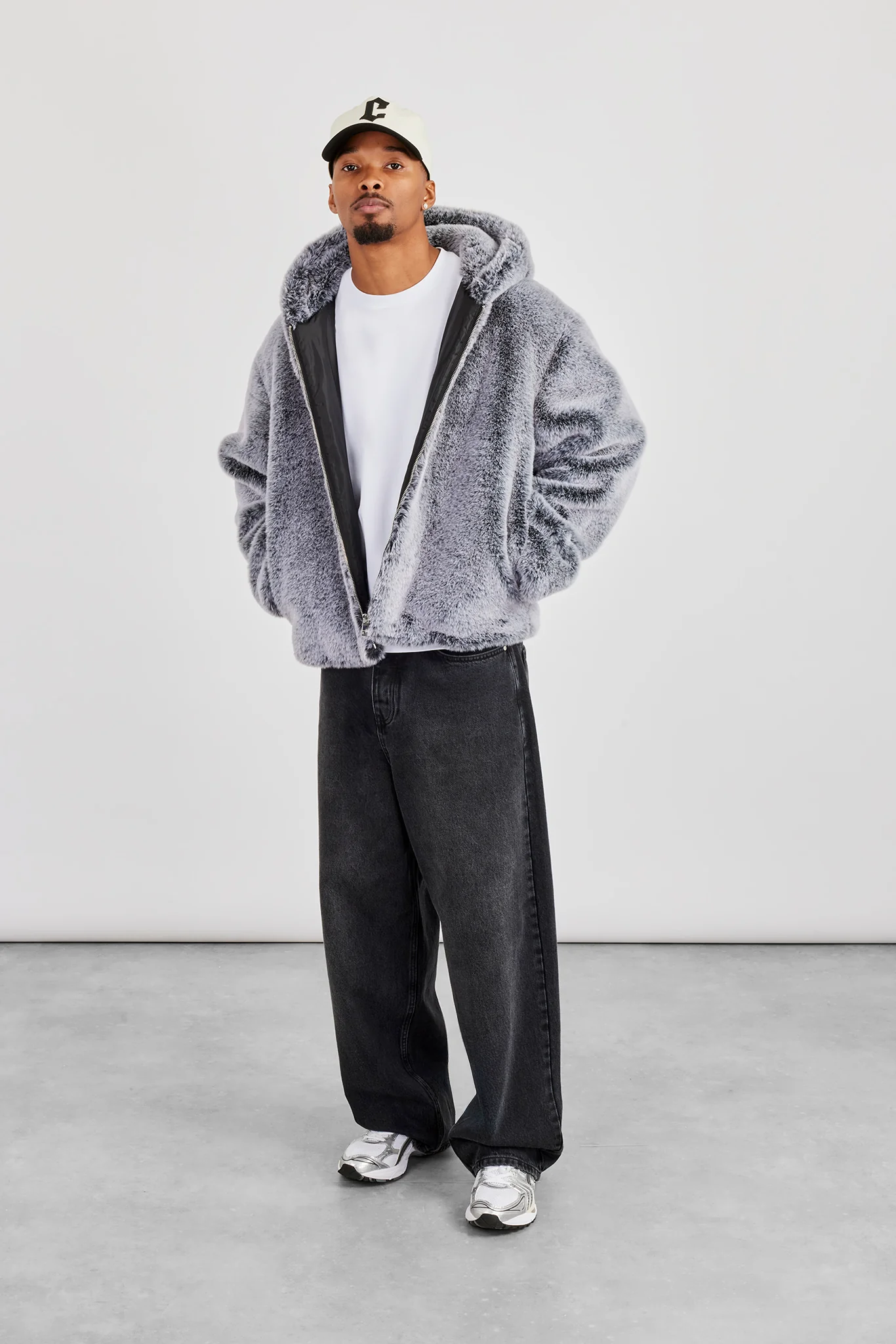 Hooded Fur Jacket - Grey - Image 2