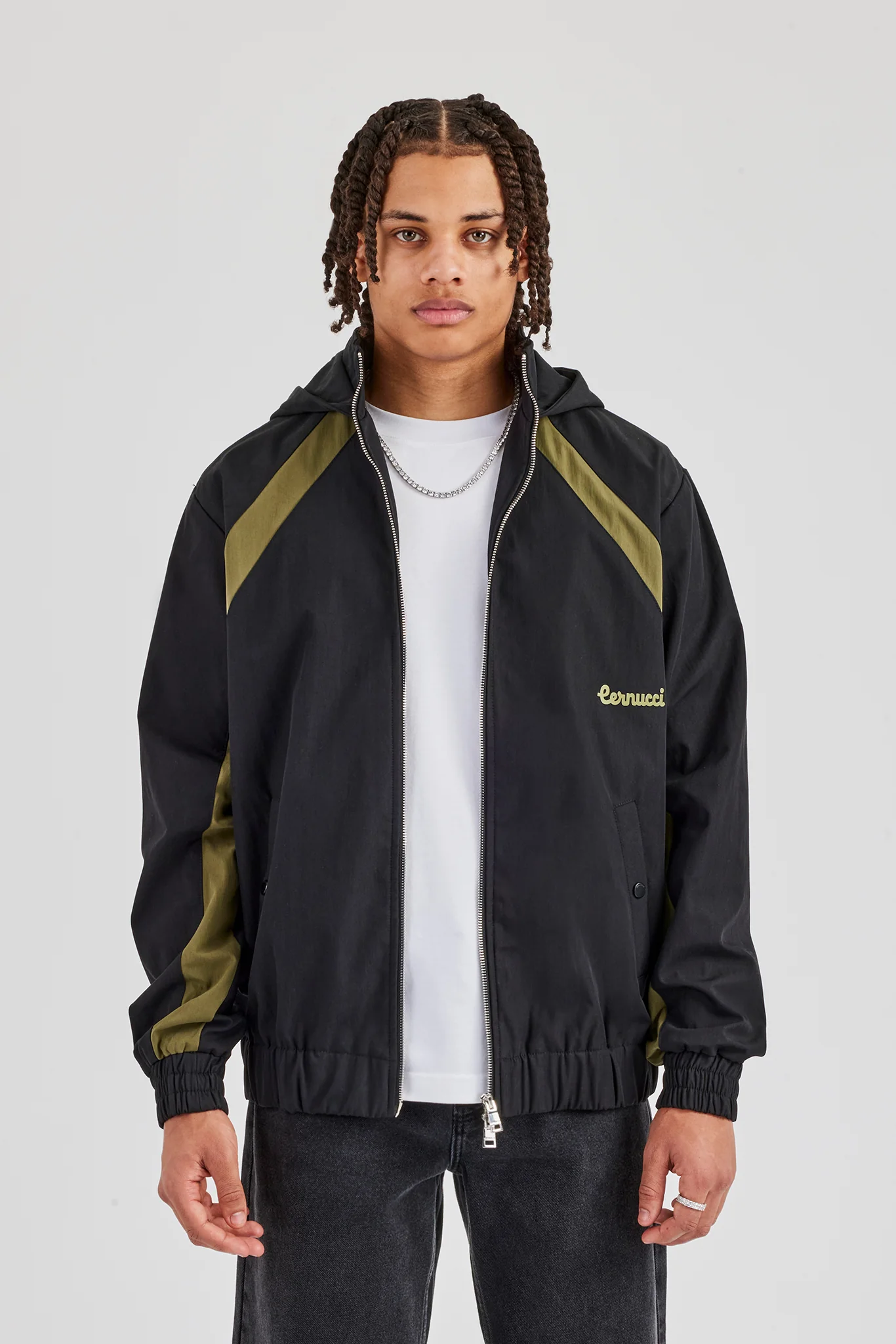 Hooded Nylon Contrast Block Jacket - Black