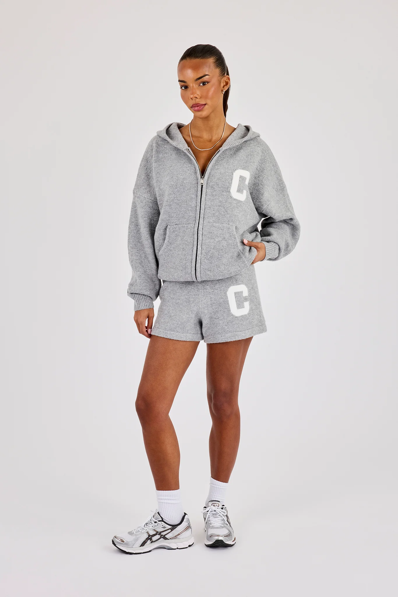Hooded Zip Through Knitted Hoodie & Short - Grey