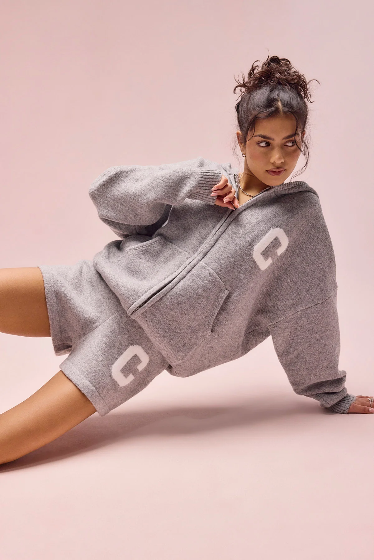Hooded Zip Through Knitted Hoodie & Short - Grey - Image 2