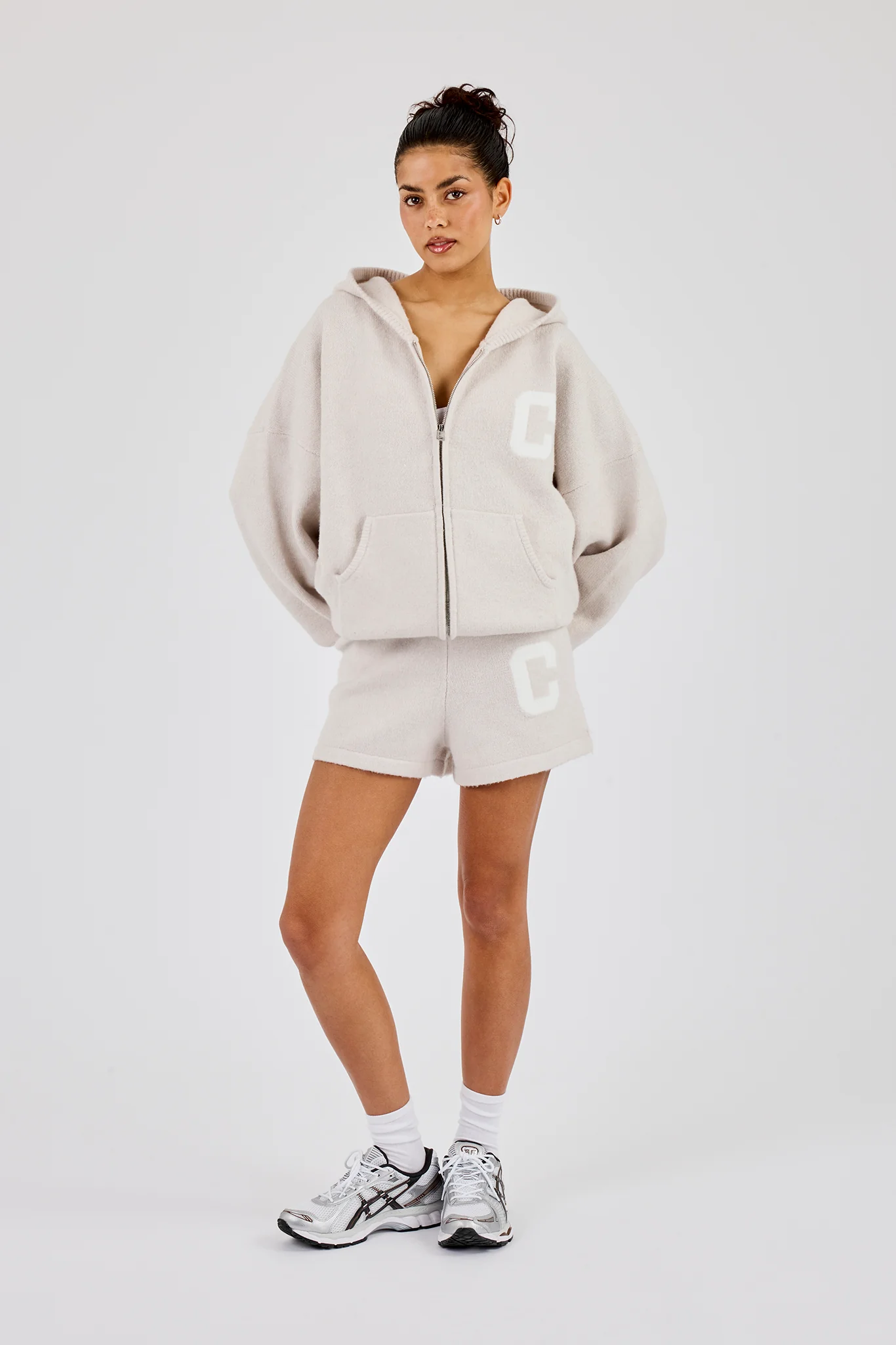 Hooded Zip Through Knitted Hoodie & Short - Oatmeal