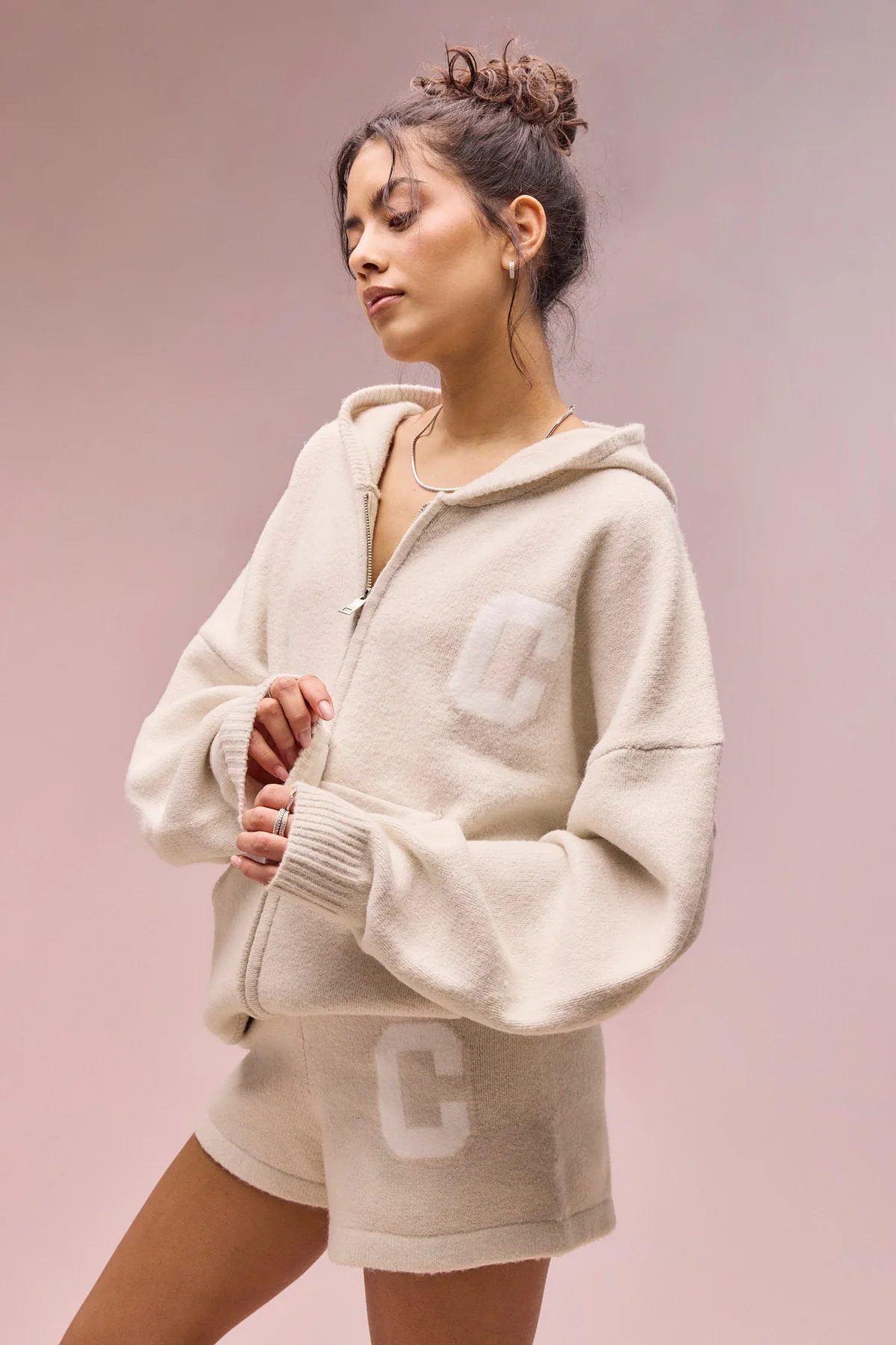 Hooded Zip Through Knitted Hoodie & Short - Oatmeal - Image 2