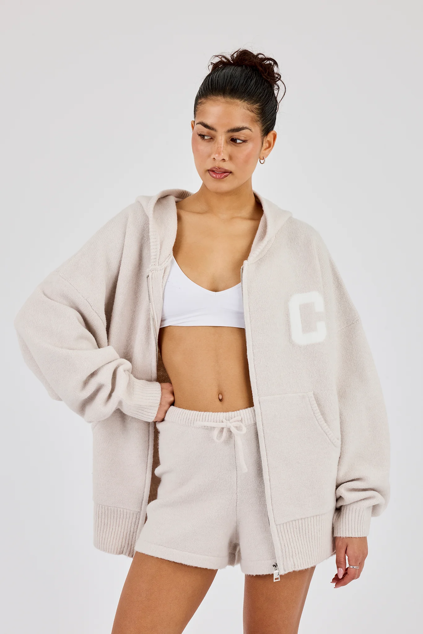Hooded Zip Through Knitted Hoodie & Short - Oatmeal - Image 3