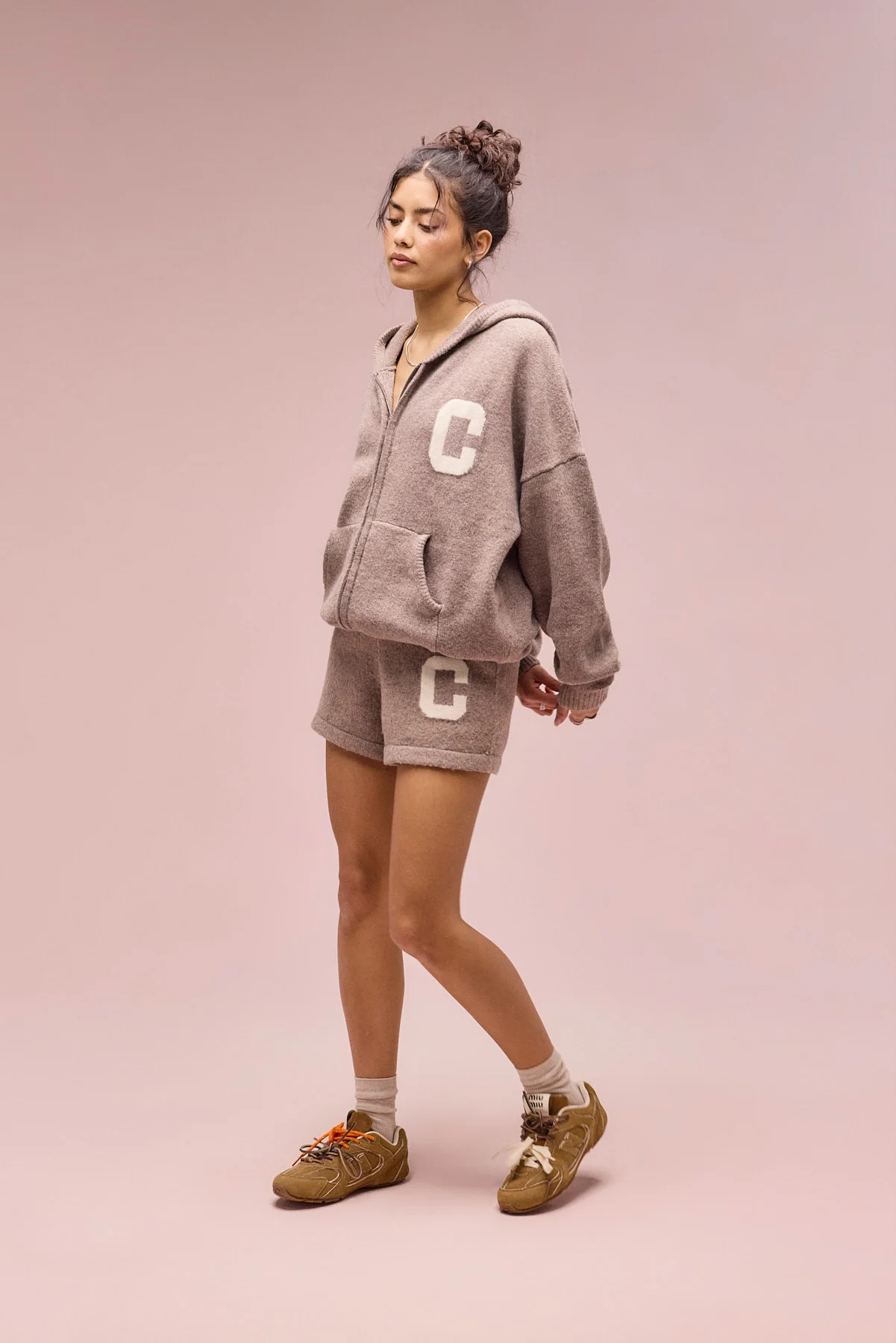 Hooded Zip Through Knitted Hoodie & Short - Taupe - Image 2