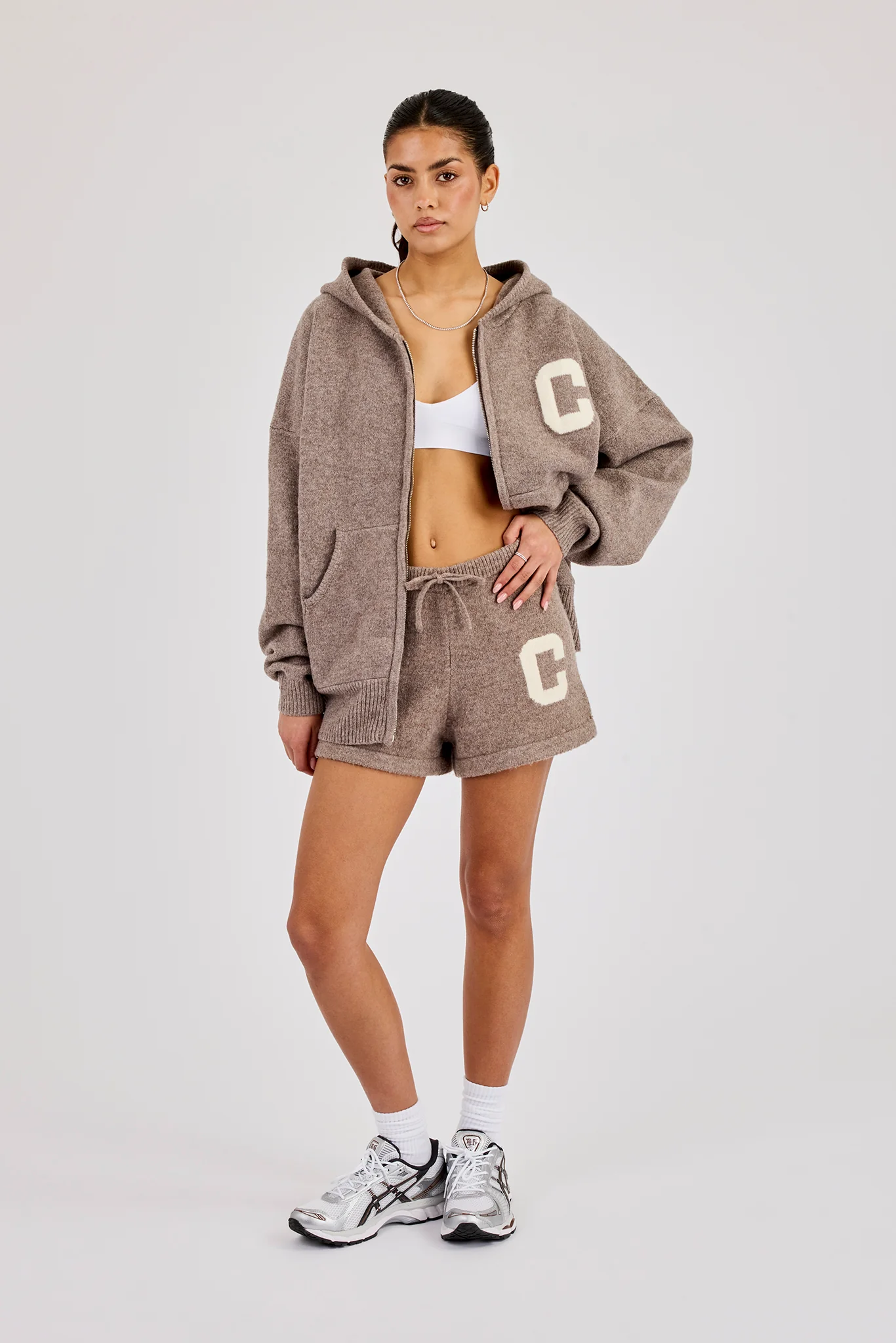 Hooded Zip Through Knitted Hoodie & Short - Taupe - Image 3