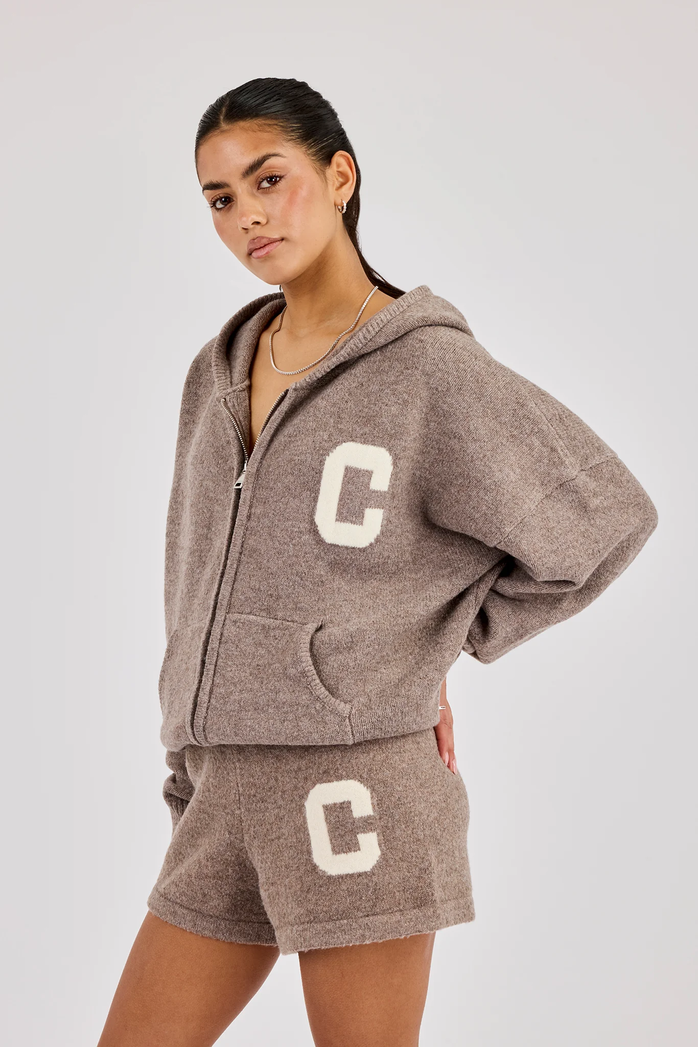 Hooded Zip Through Knitted Hoodie & Short - Taupe - Image 4