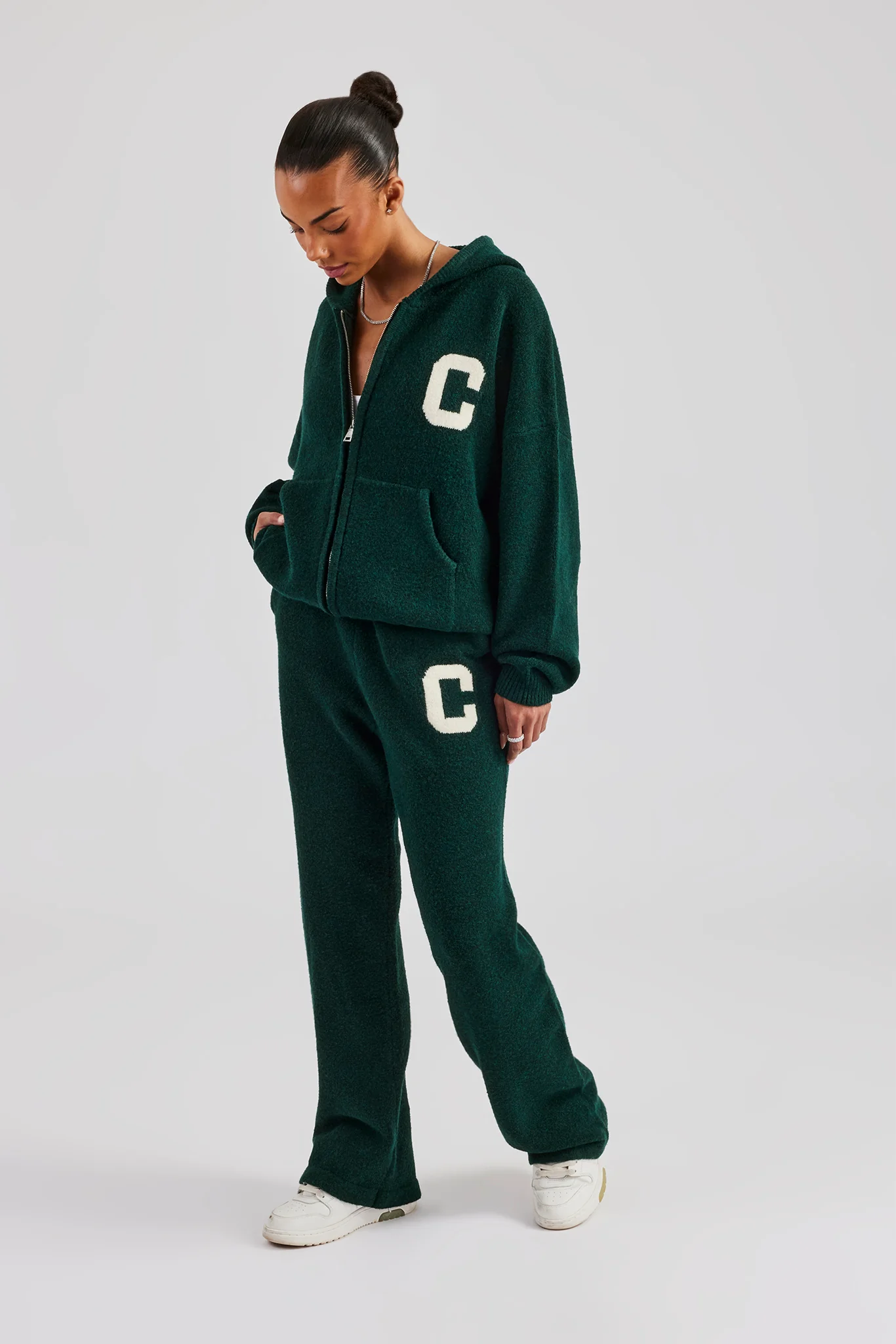 Hooded Zip Through Knitted Jumper - Bottle Green - Image 2