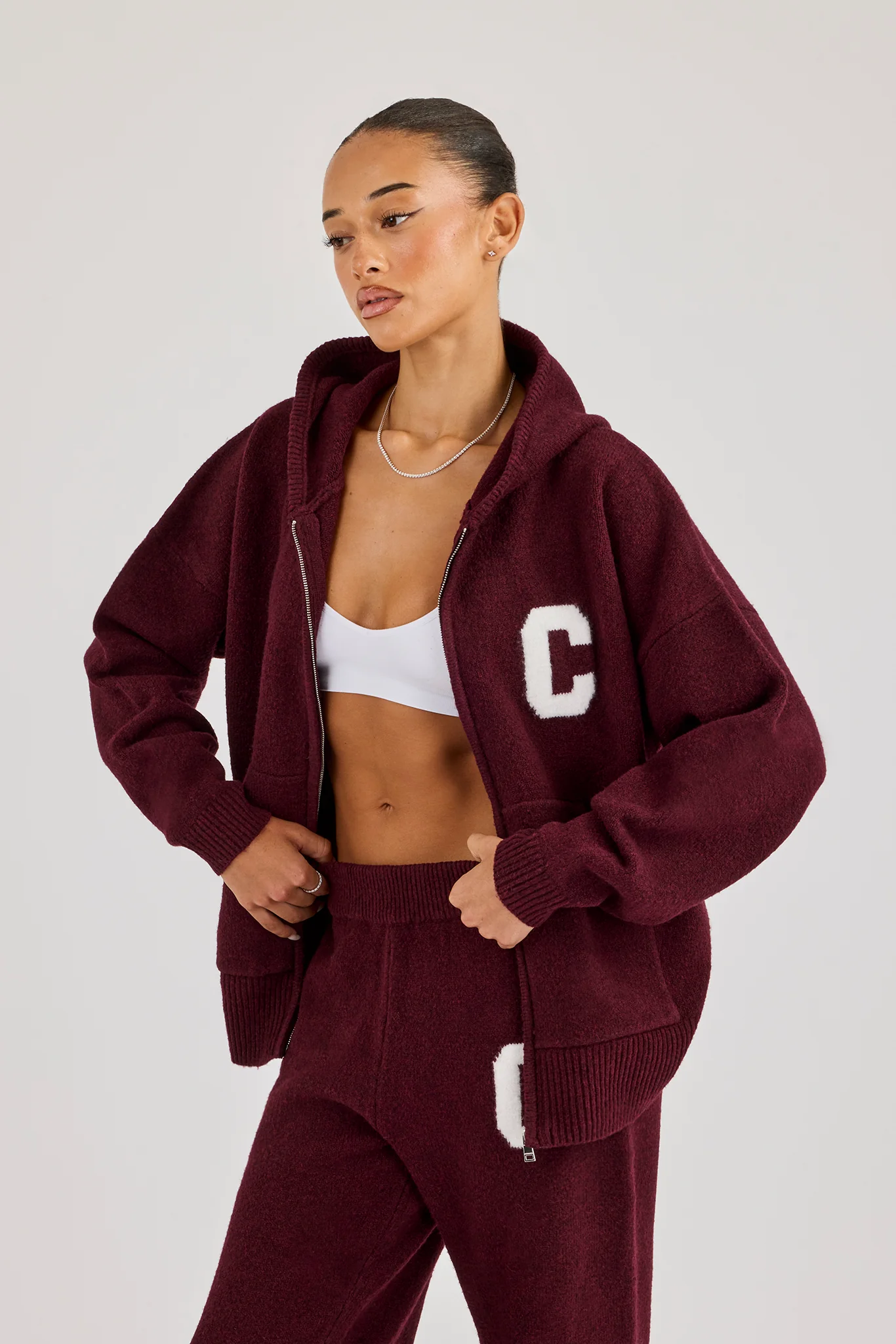 Hooded Zip Through Knitted Jumper - Burgundy - Image 2