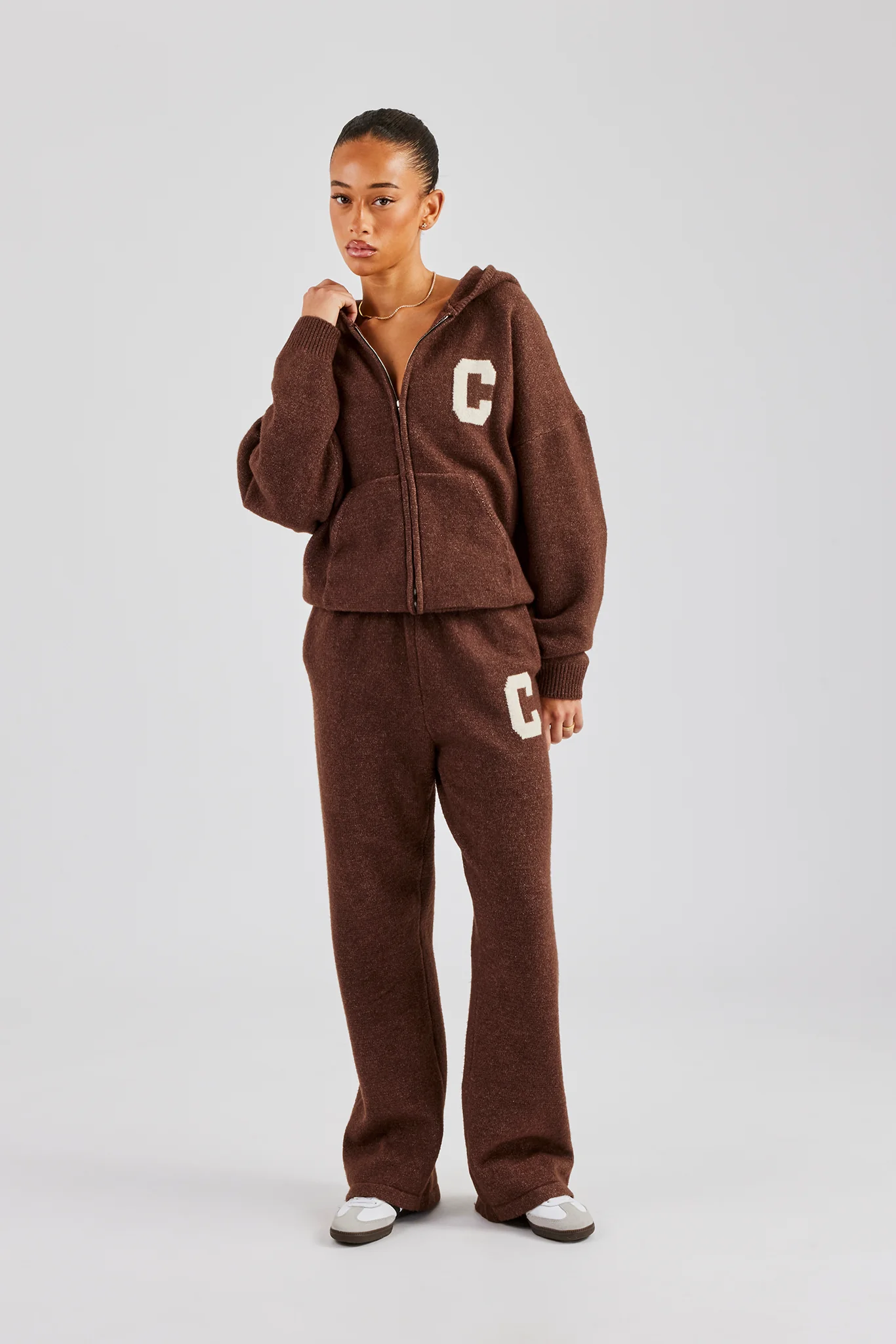Hooded Zip Through Knitted Jumper - Chocolate - Image 2