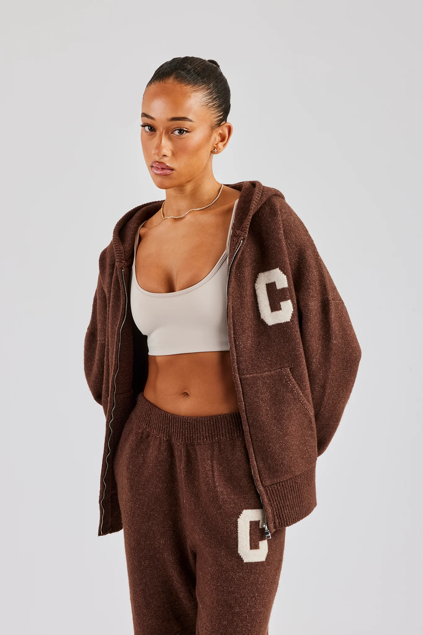 Hooded Zip Through Knitted Jumper - Chocolate - Image 4