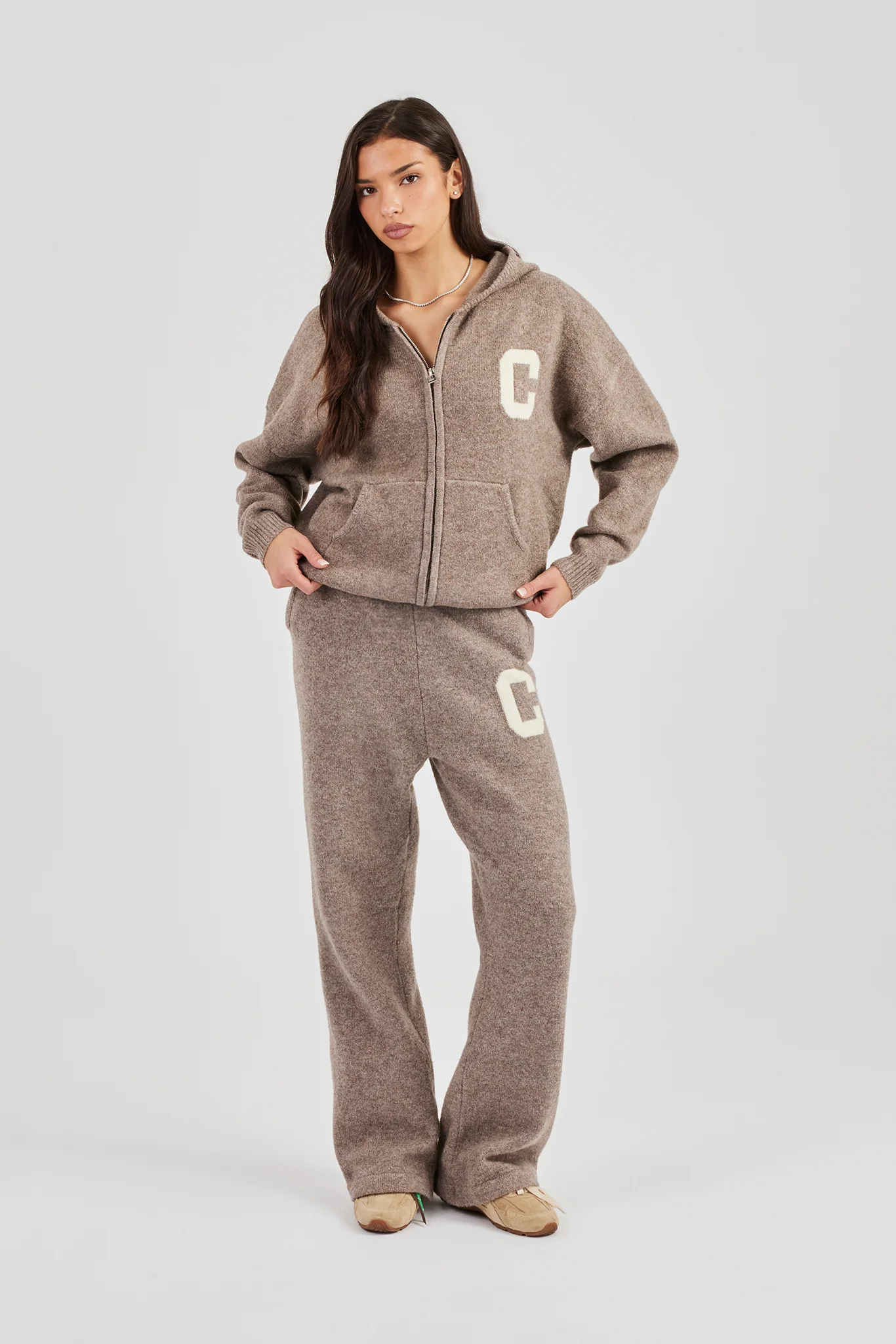 Hooded Zip Through Knitted Tracksuit - Taupe - Image 6