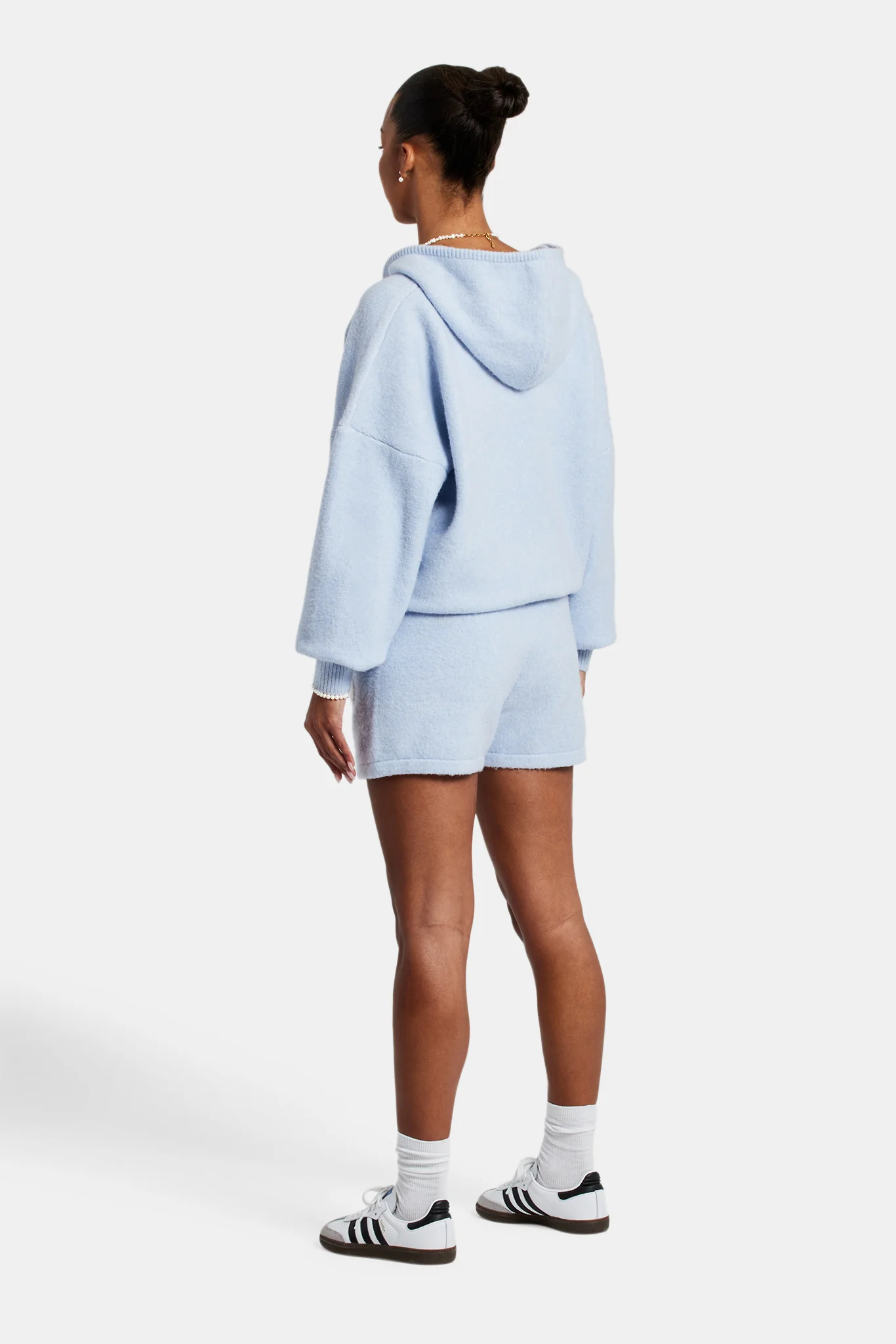 Hooded Zip Through Knitted Short Tracksuit - Light Blue - Image 2