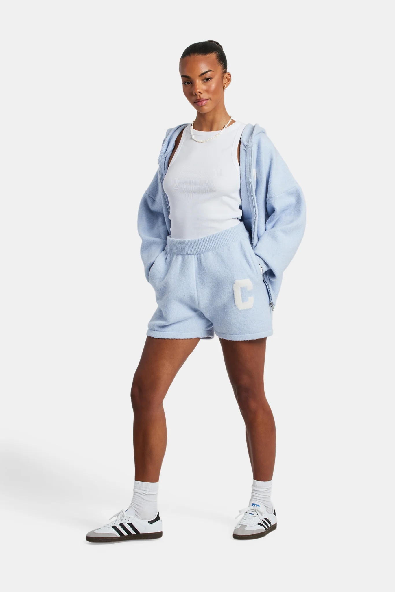 Hooded Zip Through Knitted Short Tracksuit - Light Blue - Image 3