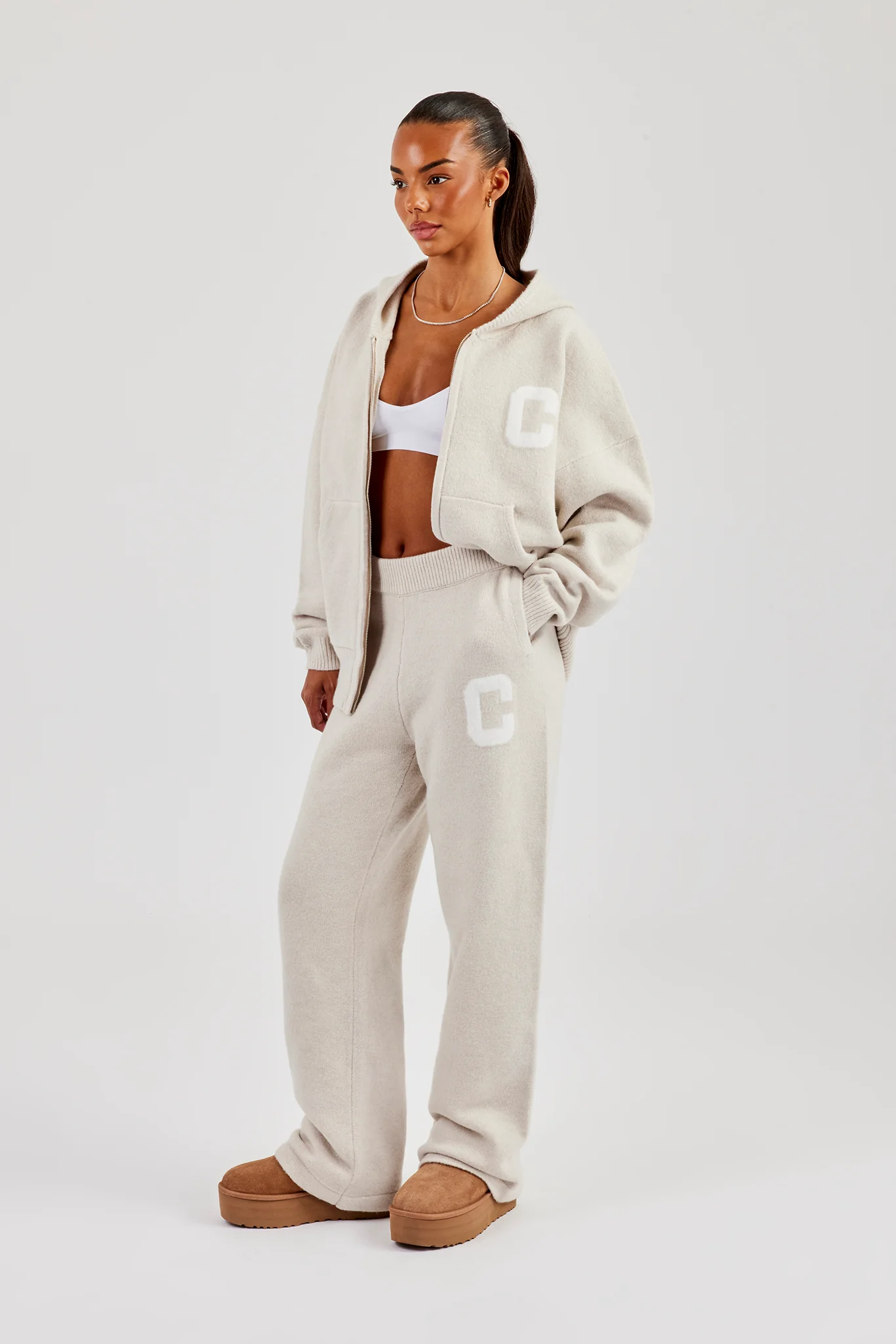 Hooded Zip Through Knitted Tracksuit - Oatmeal - Image 2