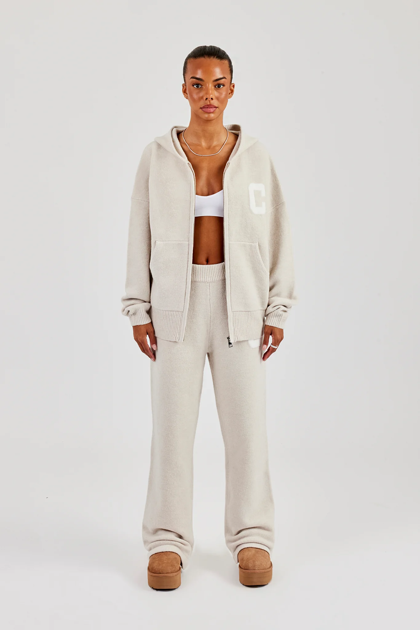 Hooded Zip Through Knitted Tracksuit - Oatmeal - Image 6
