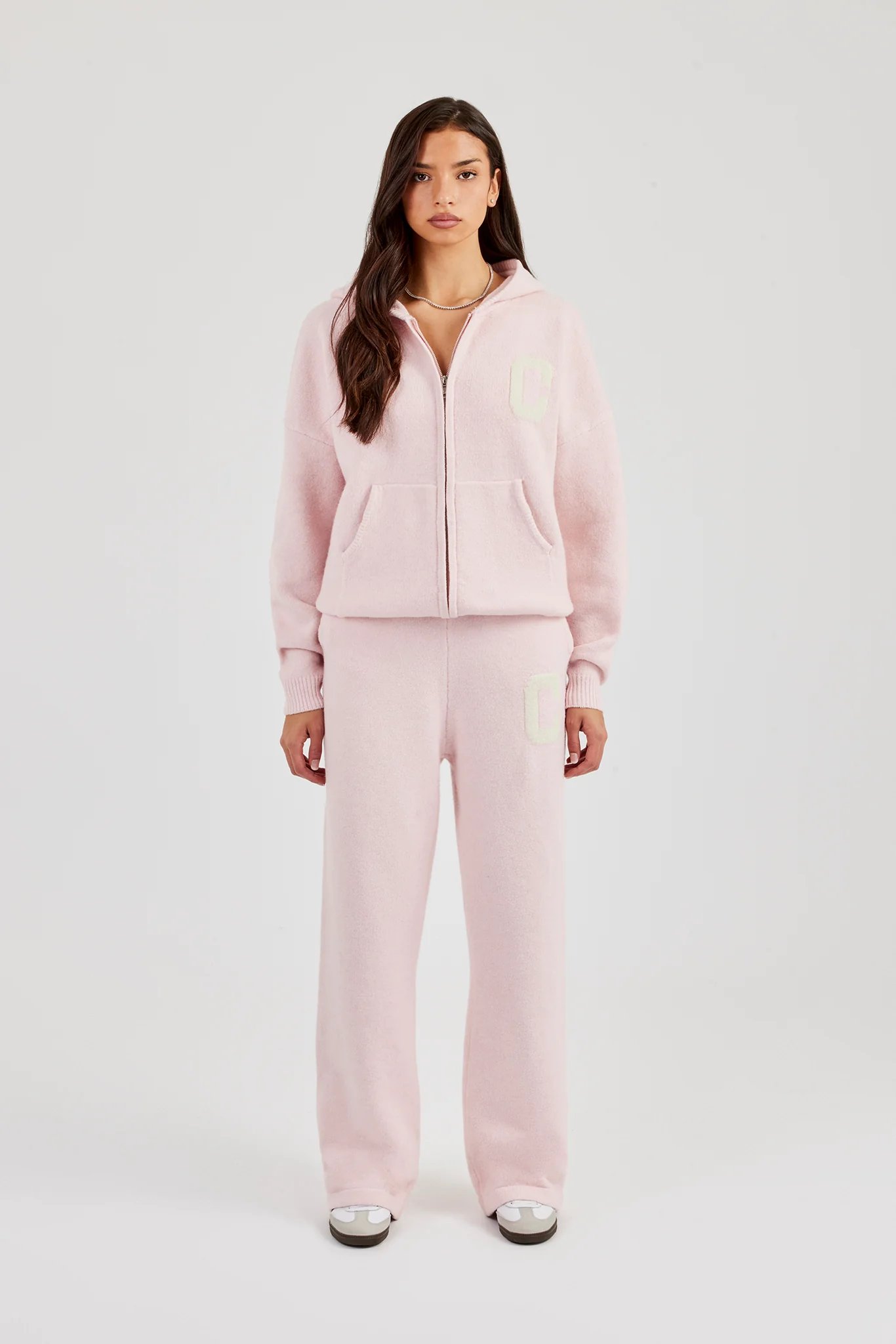 Hooded Zip Through Knitted Tracksuit - Baby Pink - Image 6
