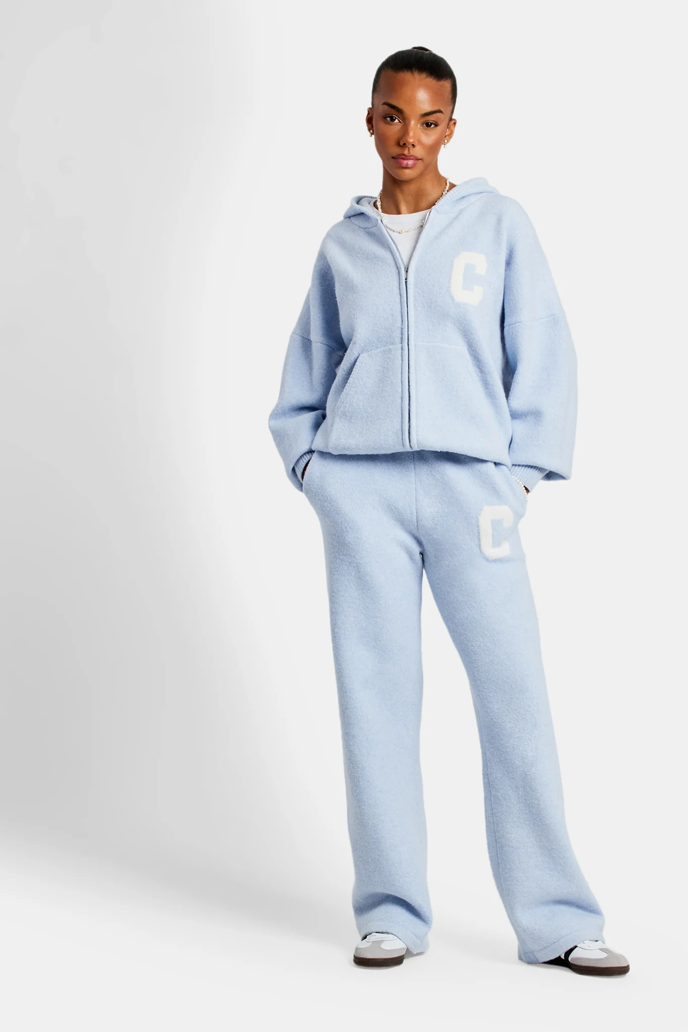 Hooded Zip Through Knitted Tracksuit - Light Blue - Image 13